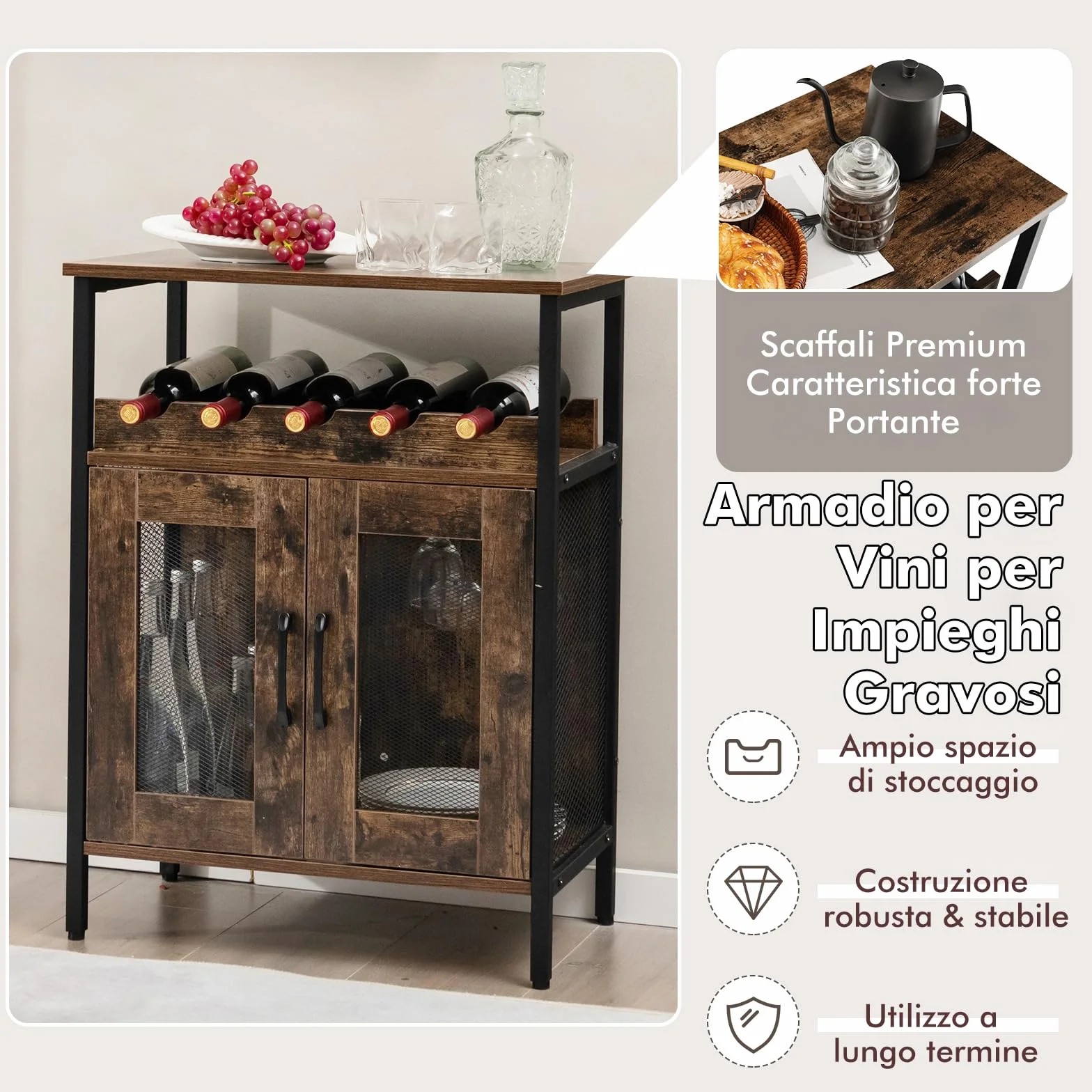 GYMAX Armadio per Vino per 5 Bottiglie Rimovibile, Armadietti di Vino con 6 Porta Calici, Mobile da Vino in Rete Metallica per Cucina, Sala da Pranzo, Industriale, 60 x 34 x 79 cm (Marrone)