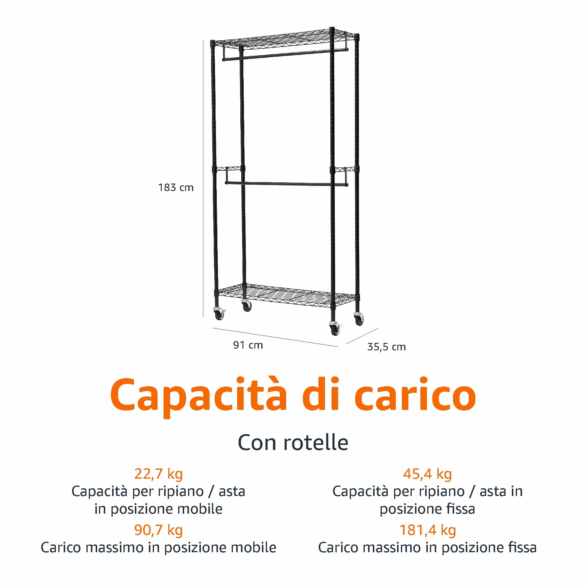 Amazon Basics Stand appendiabiti a doppia barra con rotelle Nero 91x35.5x183 cm