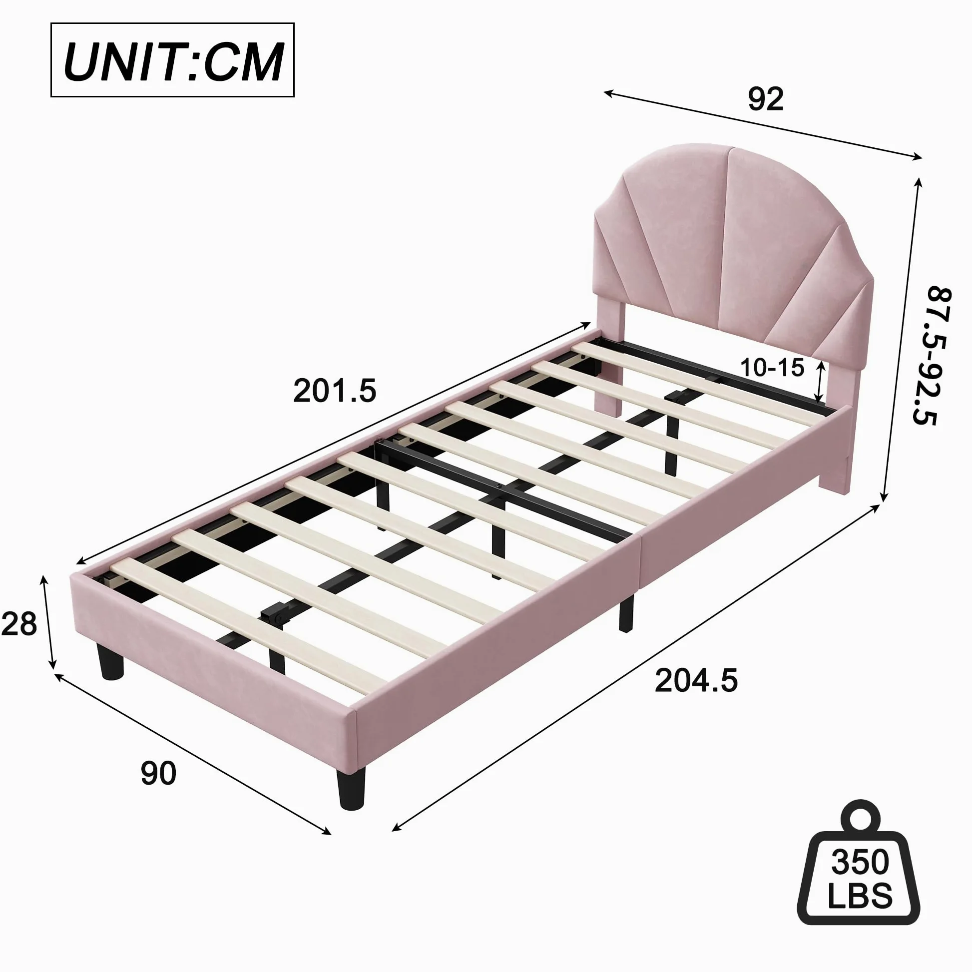 Letto singolo 90 x 200 cm, letto per bambini imbottito con rete a doghe per bambina, letto giovane imbottito con testiera regolabile per cameretta dei bambini, senza materasso