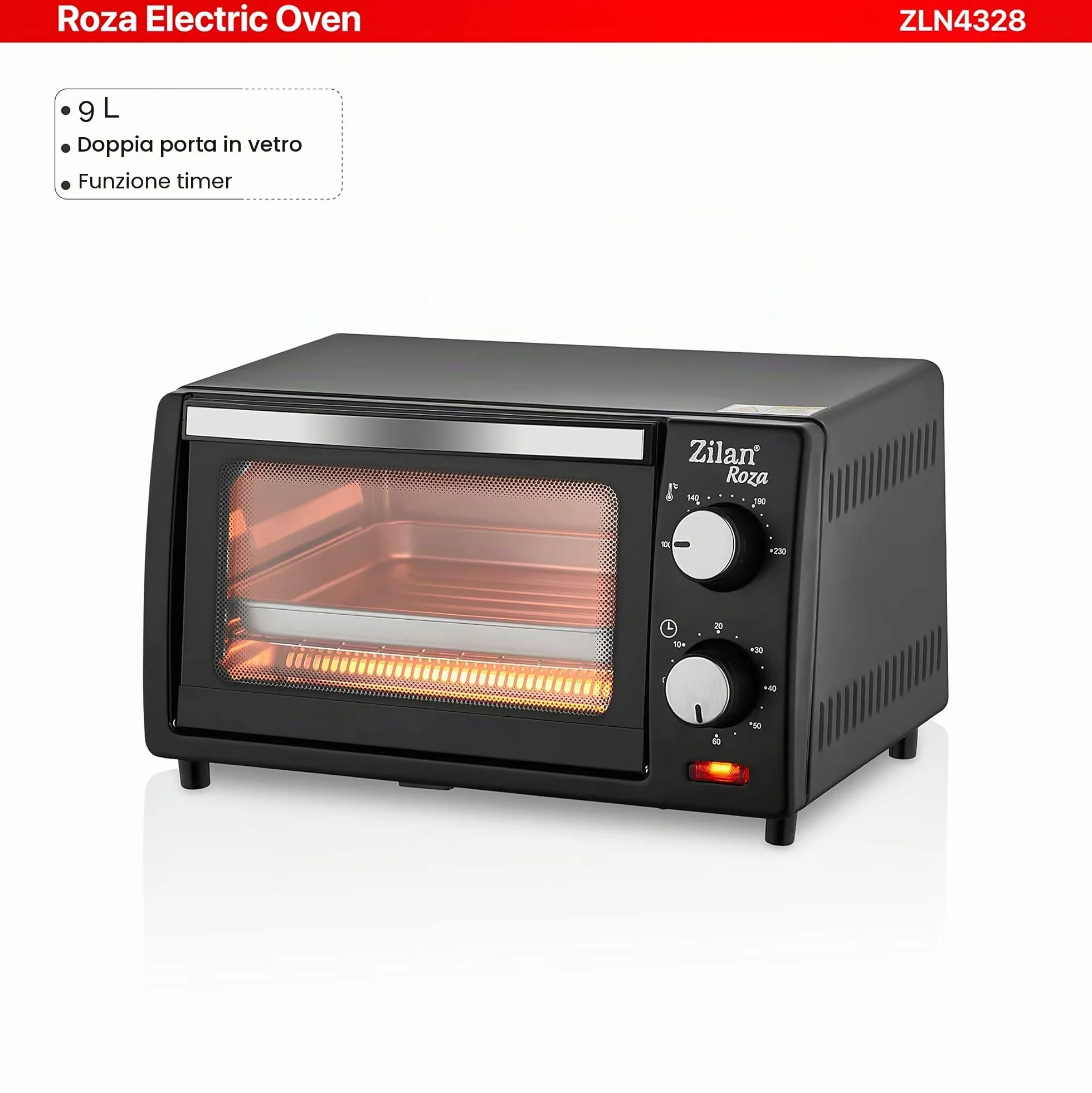 Forno Elettrico 9 Litri 800 Watt Doppio Vetro Timer Zilan