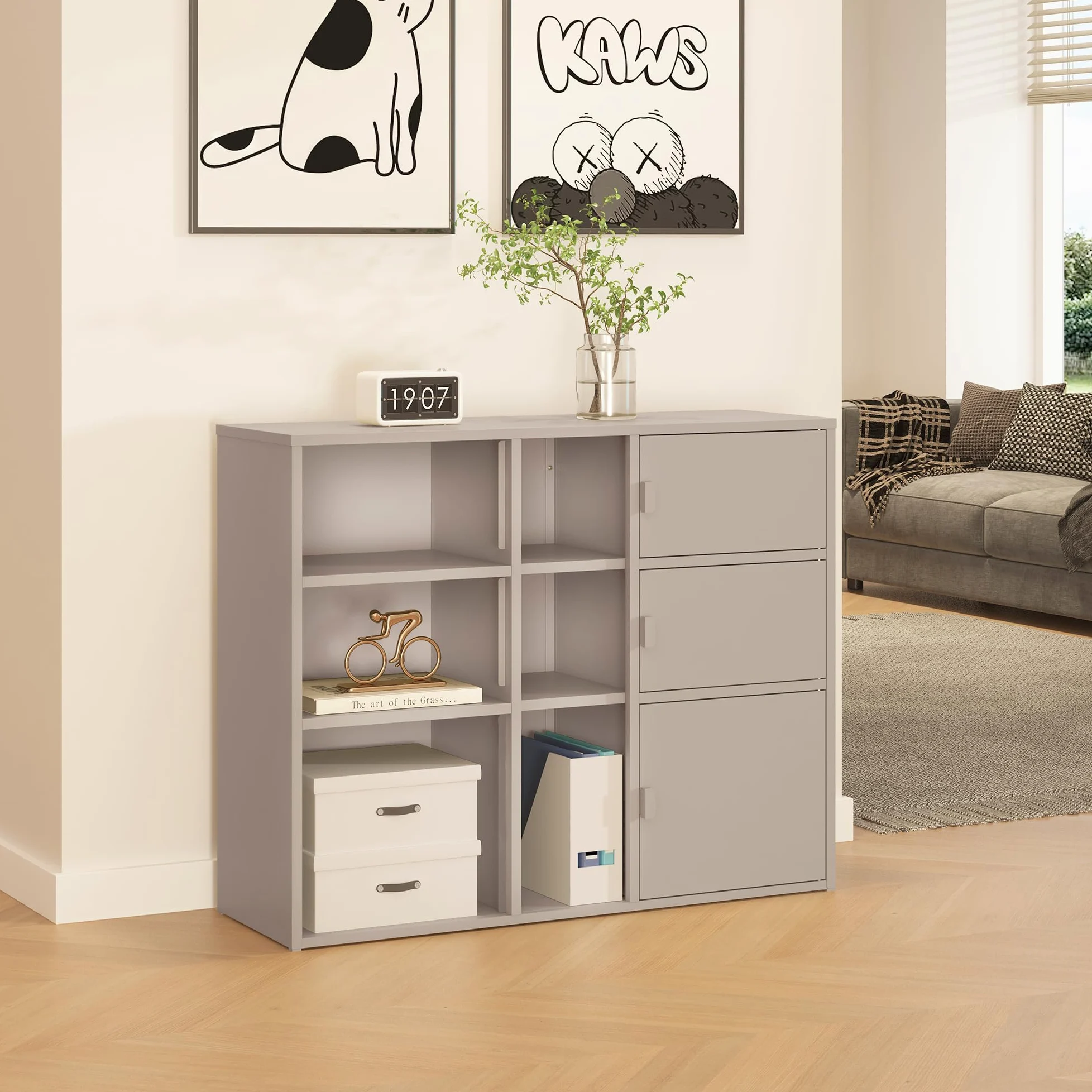 [en.casa] Mobile Contenitore da Ufficio in Acciaio Armadio Portadocumenti con 6 Vani Aperti e 3 Scomparti Chiusi da Ante Scaffale Archivio per Studio Ingresso 100 x 32 x 81 cm - Color Cammello