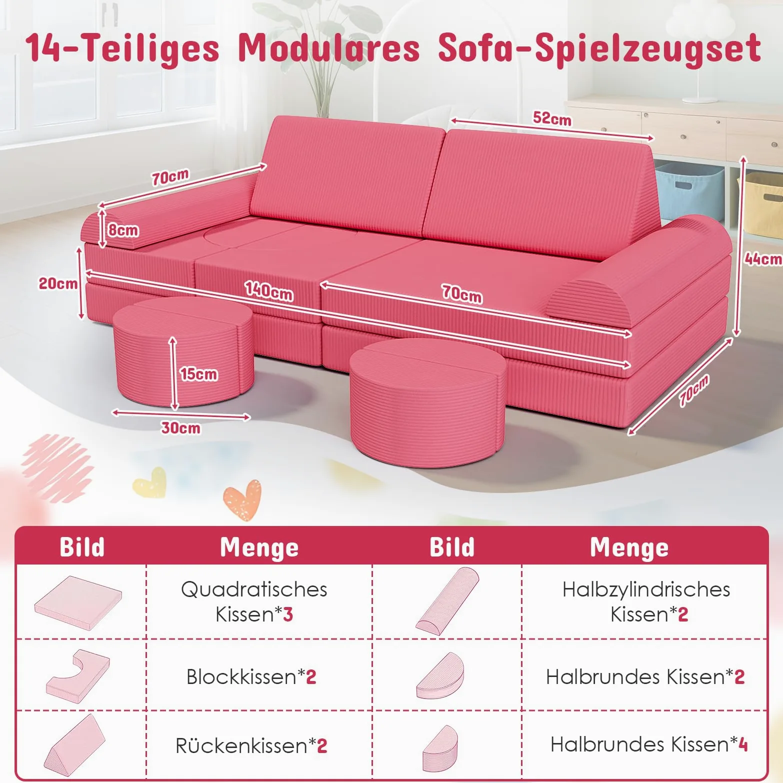 Divano per Bambini 15 Pezzi, Divano da Gioco per Bambini, Divano Gioco Modulare in Schiuma, per Camera da Letto e Sala Giochi, Mobili Creativi per Sala Giochi, Regalo bambini, Velluto a Coste (Rosa)
