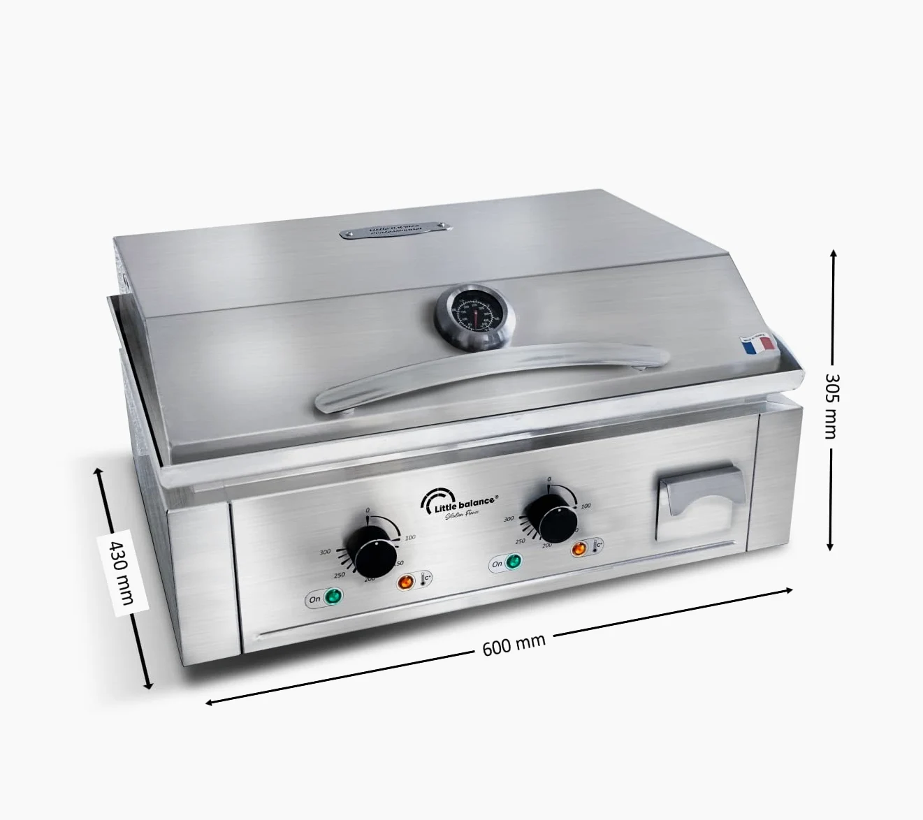 LITTLE BALANCE 8473 Aquitania Pro Plus, Piastra elettrica professionale, 2 zone di cottura, coperchio, 3500 W, Fabbricazione francese, Tutto Inox