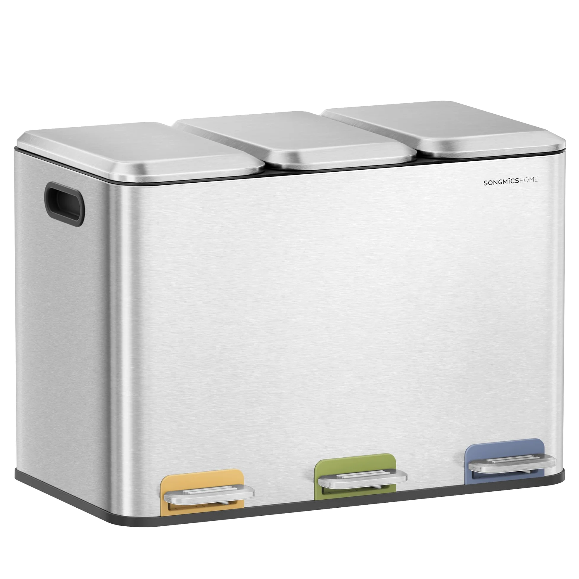 SONGMICS HOME Cestino da Cucina Tripla, Pattumiera per Raccolta Differenziata 3 x 15 L con Pedali Colorati, Raccolta Differenziata, Coperchio e Secchi Interni, Acciaio, Argento Metallizzato