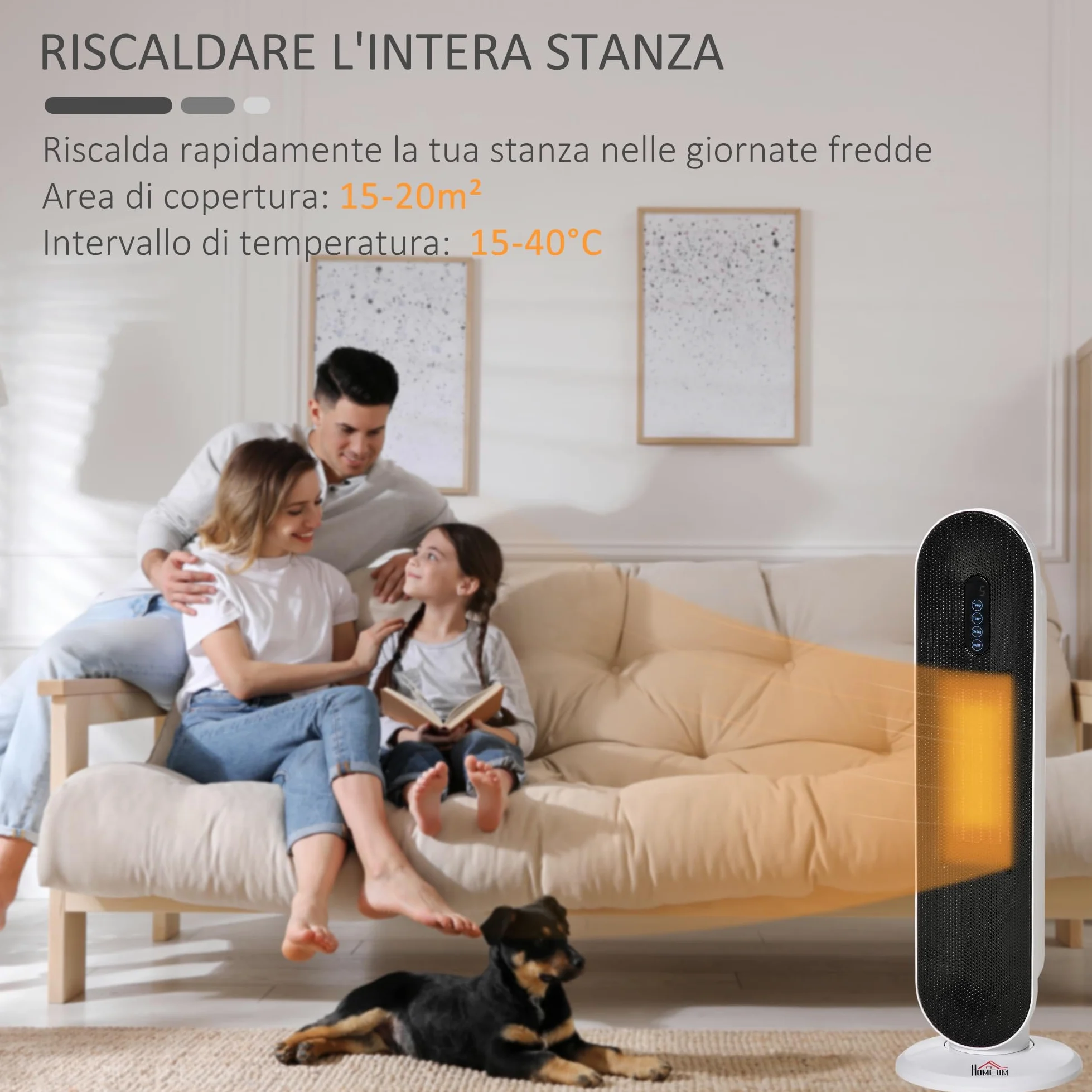 HOMCOM Stufa Elettrica Oscillante con Timer 21x21x63.5 cm Bianco e Nero | Con Telecomando, 2 Modalità, Stufetta Elettrica Basso Consumo in PTC, Protezione da Surriscaldamento e Antiribaltamento