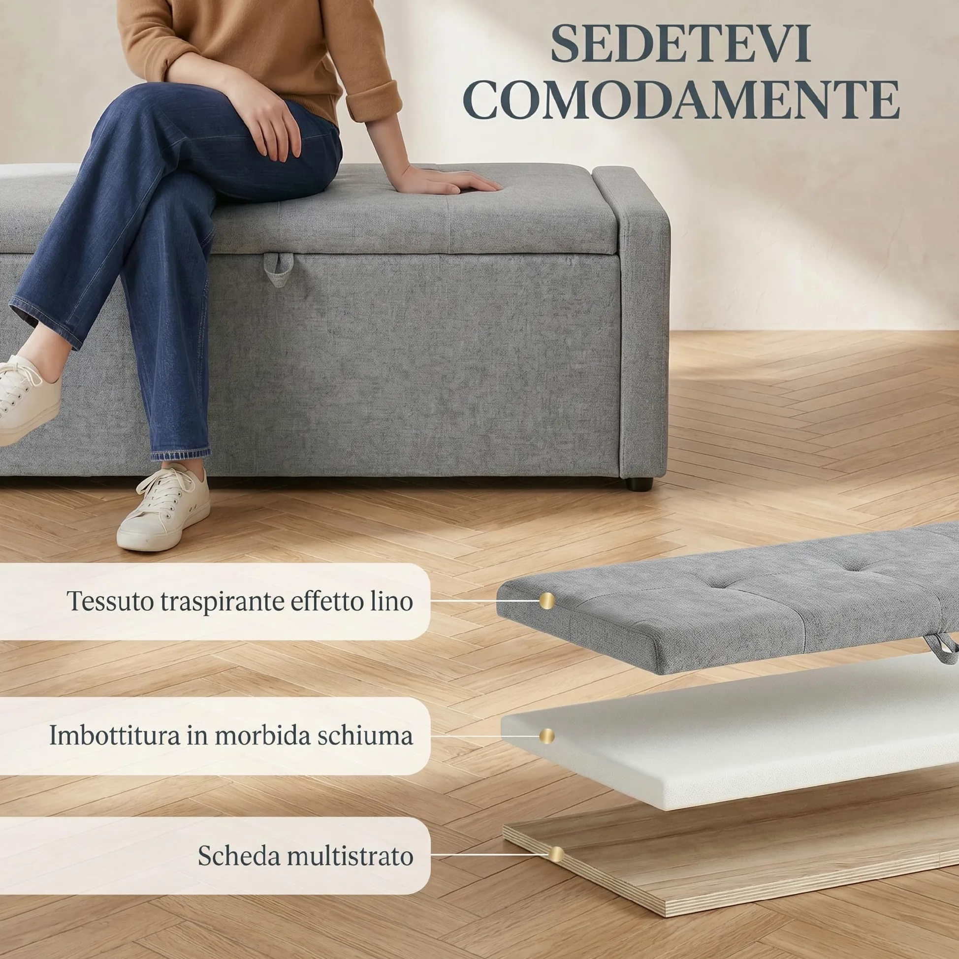 HOMCOM Cassapanca 142L Pouf Contenitore Poggiapiedi Grande 122x48x44cm, Seduta Imbottita 2 Posti, Panca Contenitore Effetto Lino, Struttura in Legno, 200 kg, Camera da Letto, Soggiorno
