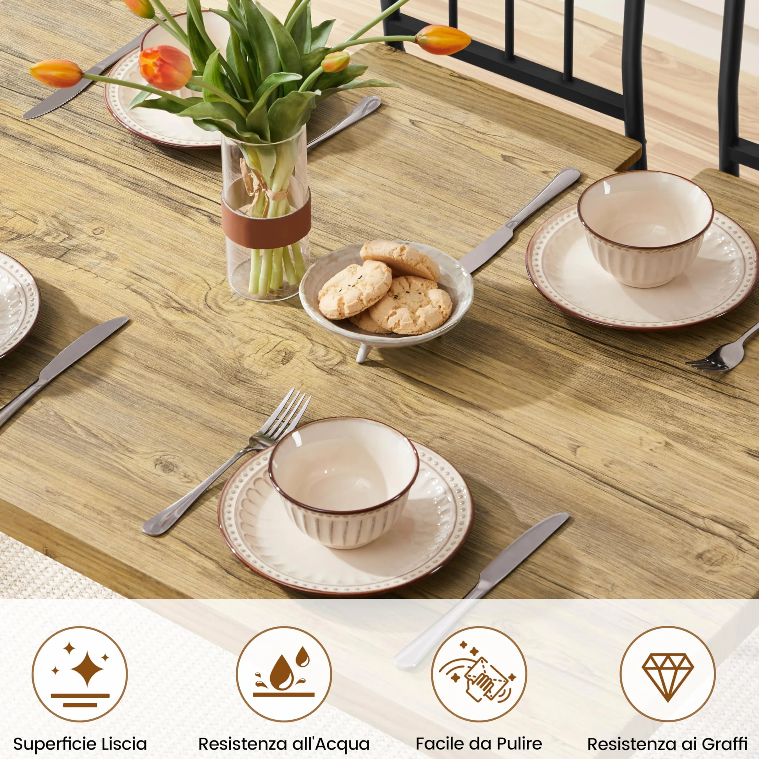 Yaheetech Tavolo da Pranzo con 4 Sedie Industriale Set 5 Pezzi Mobili da Bar Cucina Soggiorno Retro Salvaspazio in Legno e Metallo Marrone Tavolo 110x70x76.5cm Piano Spesso 4cm