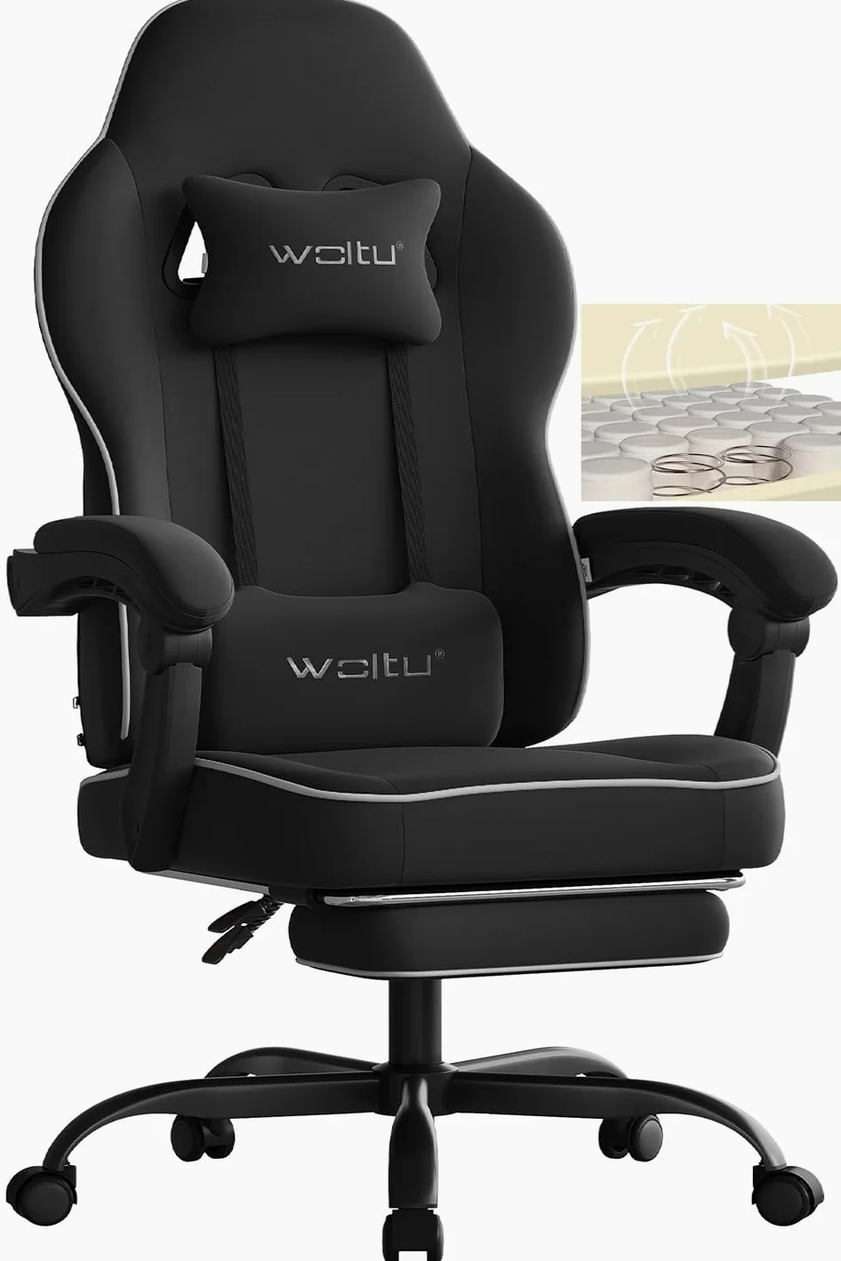 WOLTU Sedia Gaming, Ampia Sedia da Ufficio Ergonomica Imbottita con Cuscino a Molla, Alta Capacità di Carico, Poltrona per Computer con Schienale Alto e Poggiapiedi, Tessuto Tecnologico, Nero, GS10sz