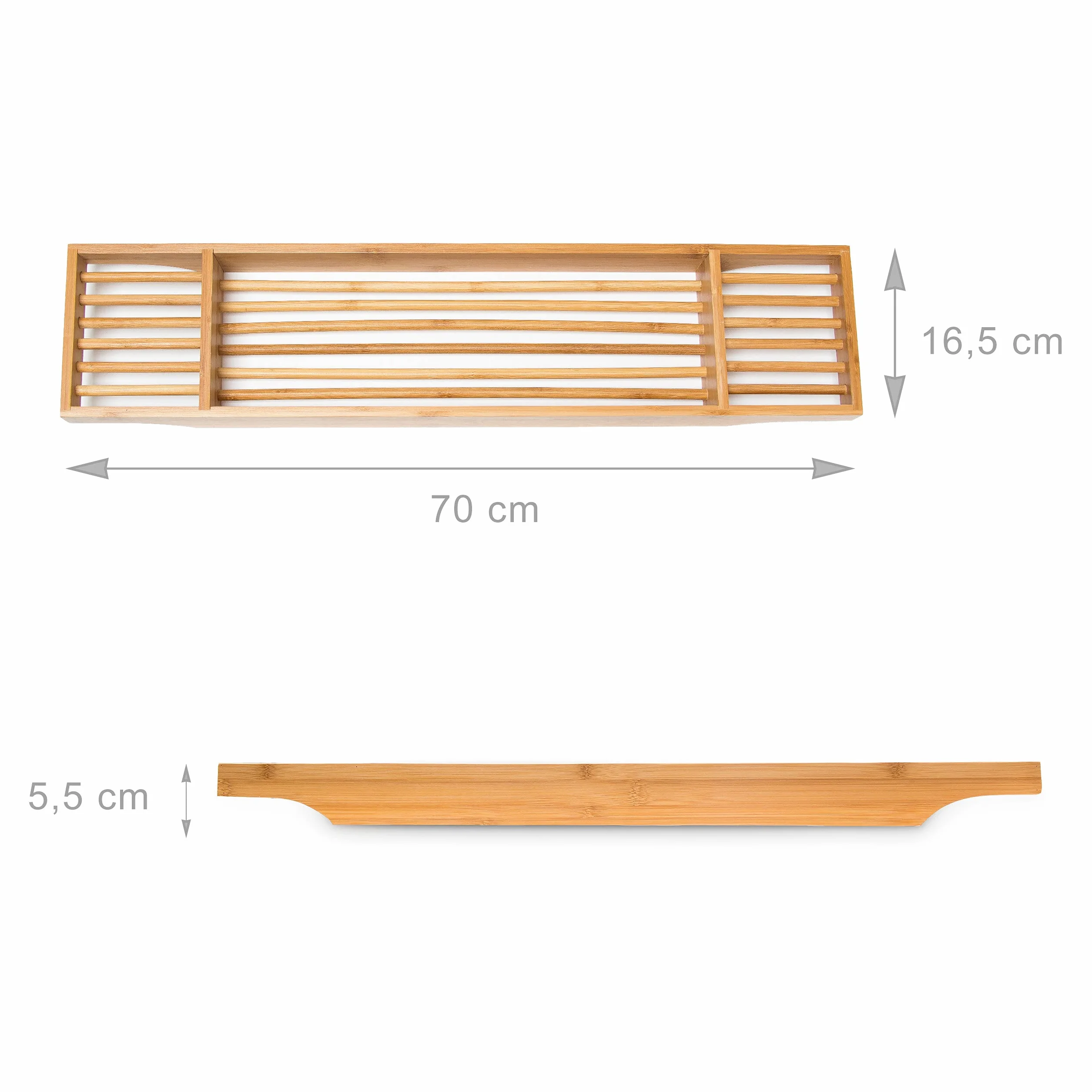 Relaxdays Mensola per Vasca da Bagno in bambù, HLP: 5,5 x 70 x 16,5 cm, 3 Scomparti, Porta-Saponetta, Legno Naturale
