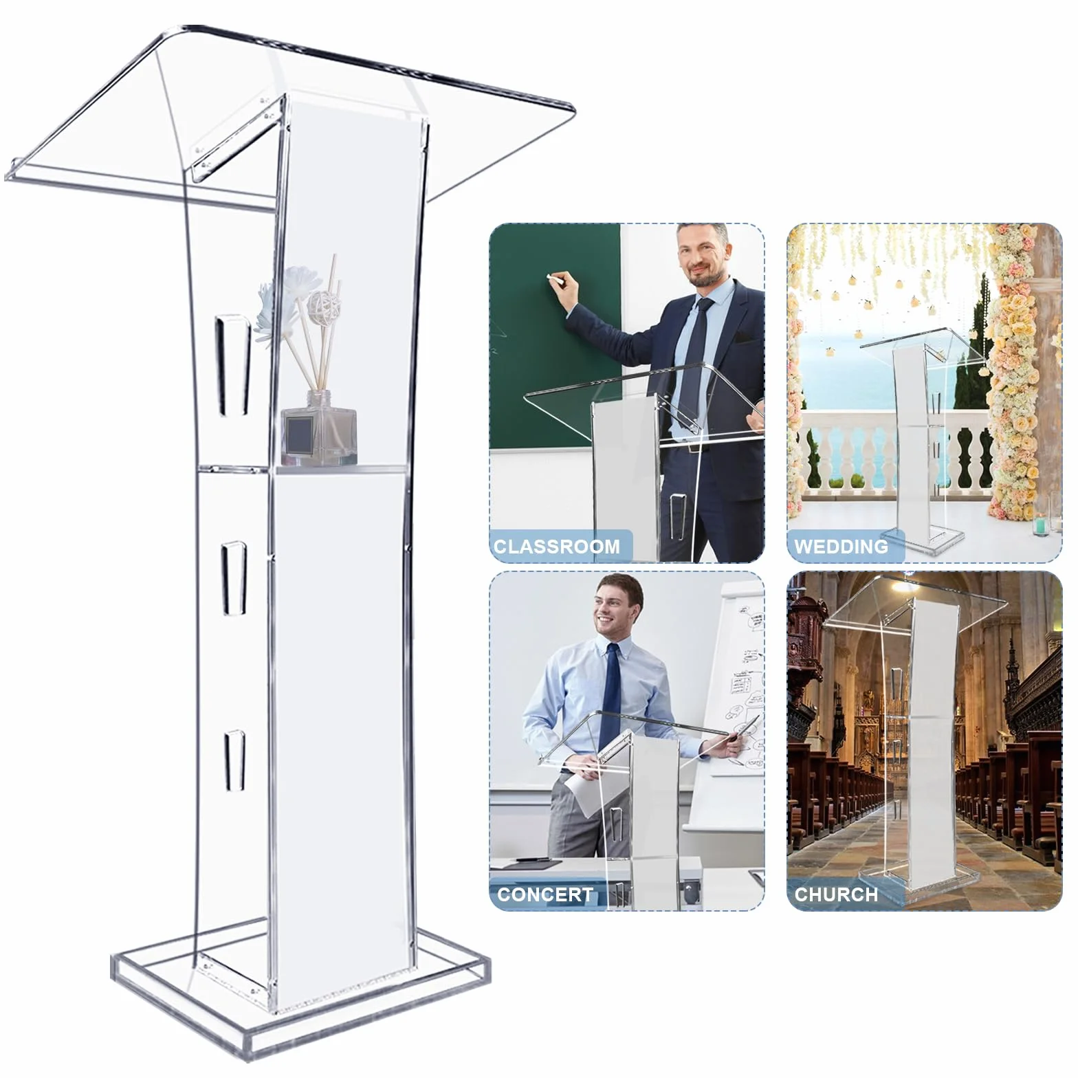 Podio Prasparente in Acrilico, Pulpito da 43" per chiese con 15 Colori Regolabili, Leggio Moderno con Ripiano per aule, Conferenze, 115cm x 60cm x 41cm