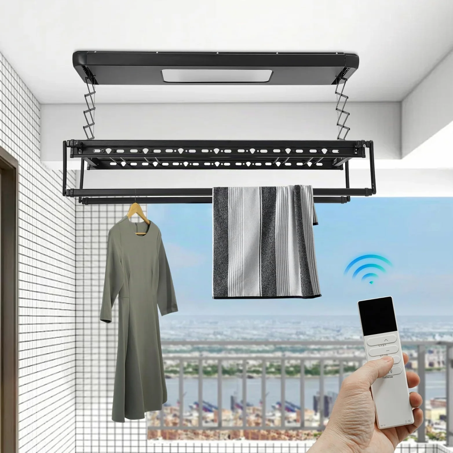 Stendibiancheria a soffitto, stendibiancheria da soffitto, essiccatore elettrico da soffitto, essiccatore da soffitto con 8 aste orizzontali, 2 aste estraibili, capacità di carico totale 35 kg