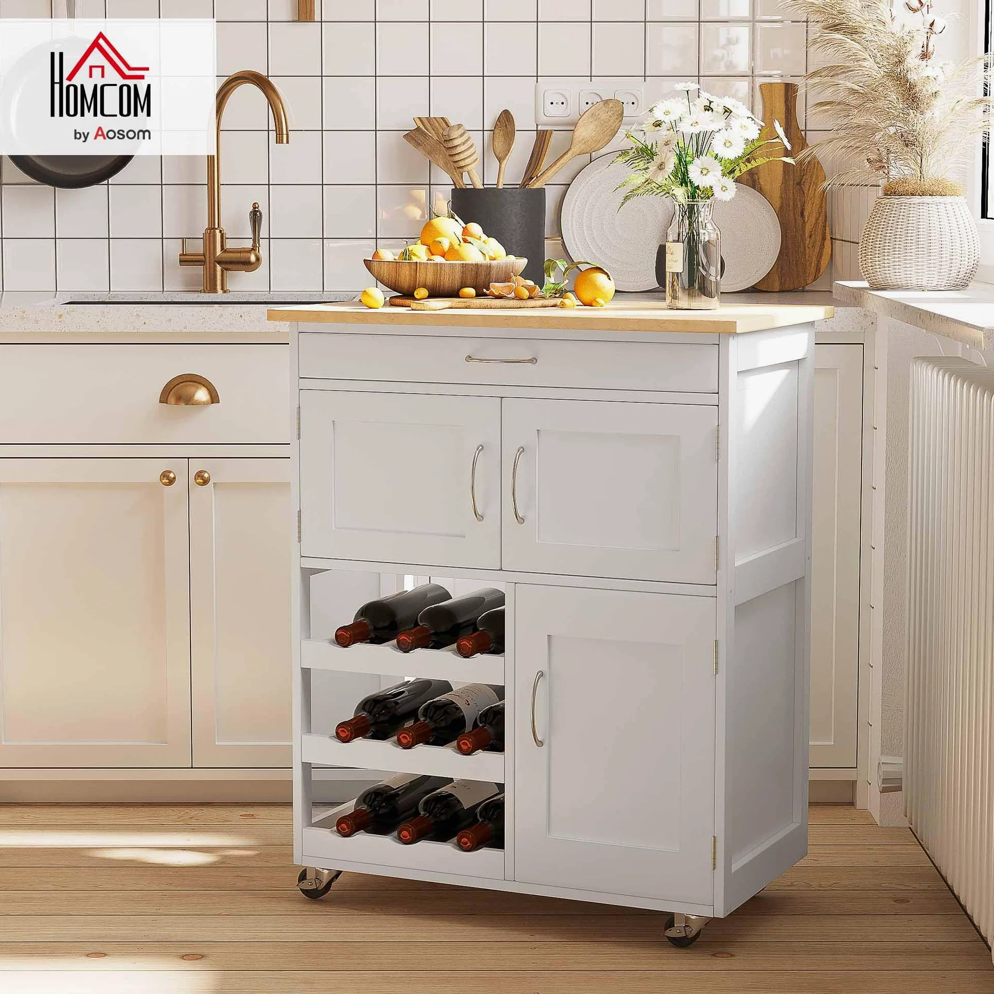 HOMCOM Carrello da Cucina con 9 Portabottiglie, 3 Ante, 4 Ruote e Cassetto, Mobiletto Cucina Salvaspazio con Piano in Legno di Gomma, per Soggiorno, 67x37x87 cm, Bianco e Rovere