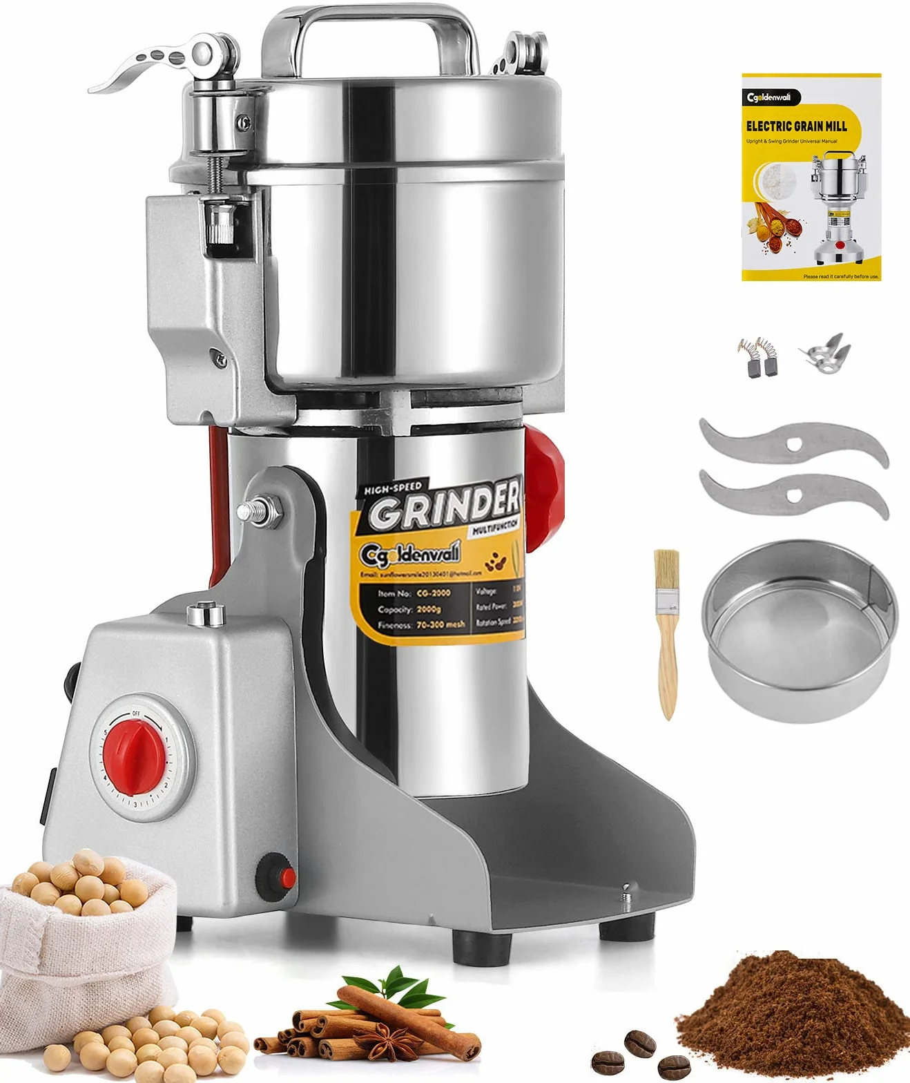 300-2500g Mulino per Cereali CGOLDENWALL Upgraded Open-Cover- Stop Unique Safety Design Grinder Elettrico per Materiale Secco Come Erbe/Cereali/Spezie High Speed Grinding(300g)