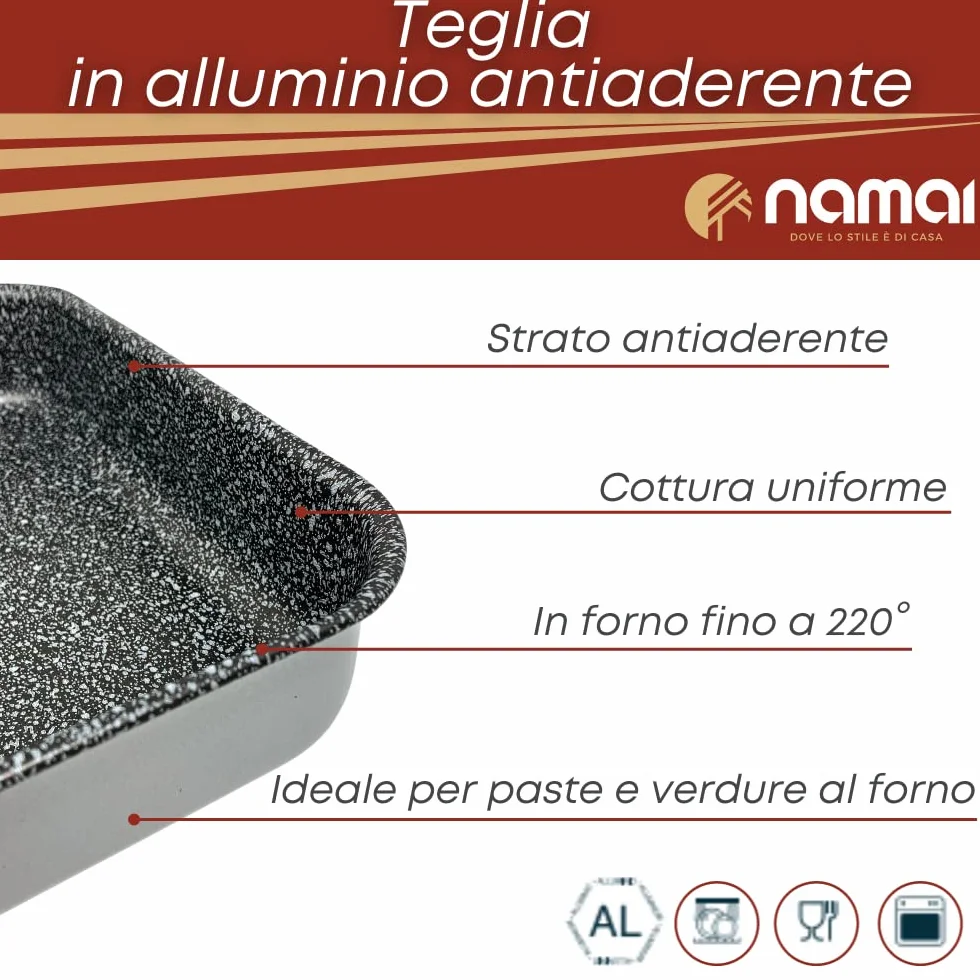 NAMAI -Set 3 Teglie Forno Antiaderente- Lasagnera-Antiaderente -Adatta Per la Lavastoviglie- Alluminio (SET TRIS 35CM 30CM, 25CM)