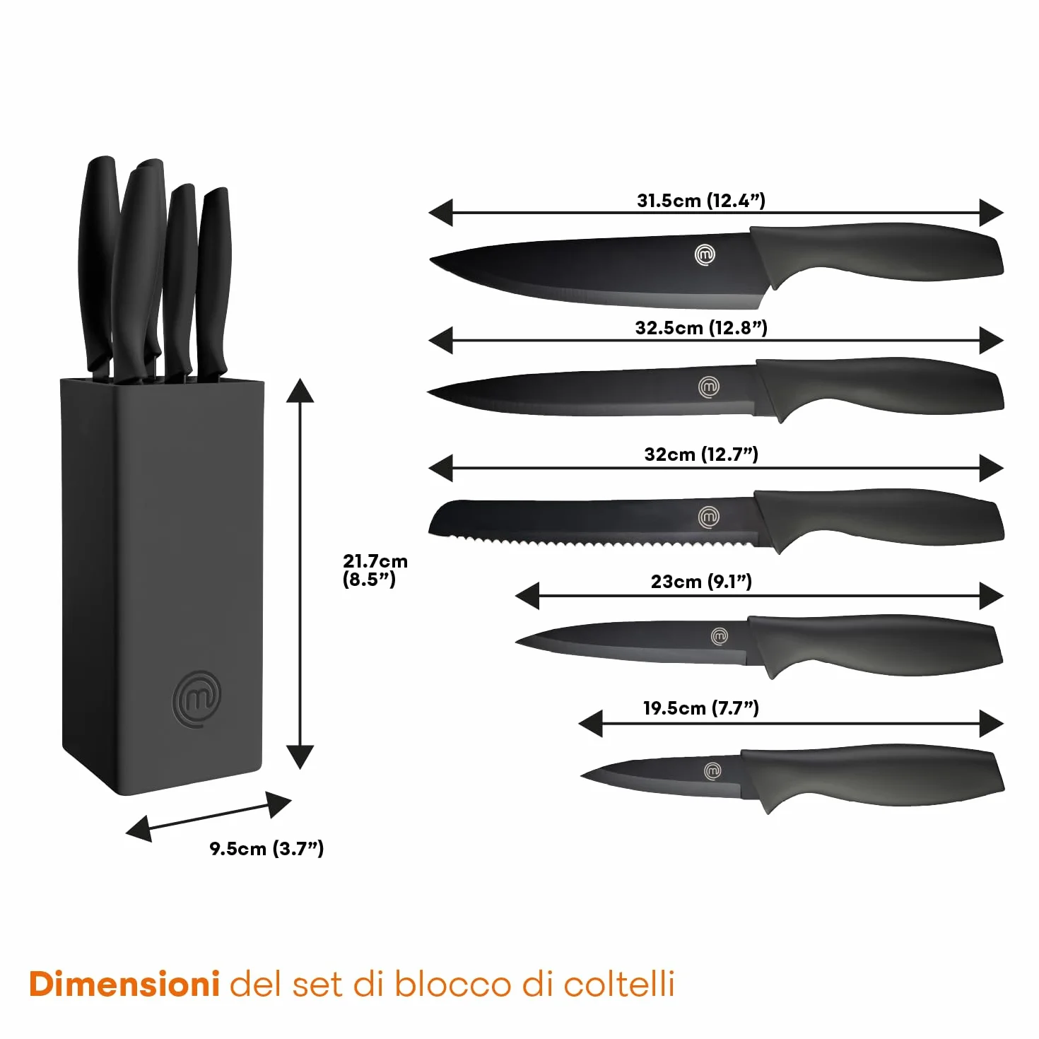 MasterChef Set Coltelli da Cucina 5 Pezzi, Acciaio Inox, Lama Affilato, Ceppo Universale Nero