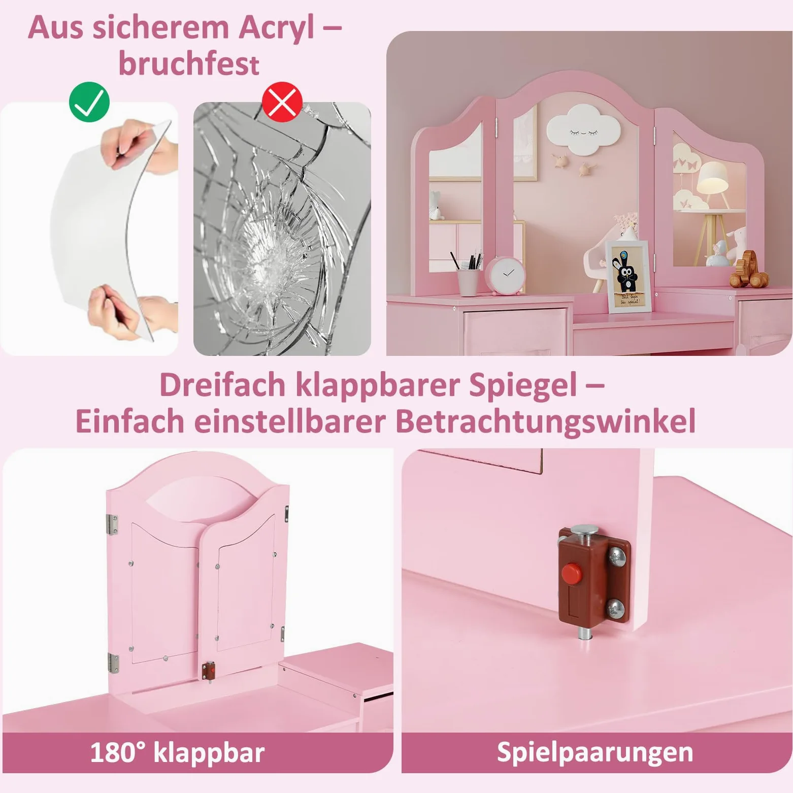 Clevich Toeletta per Bambini in Legno, Con Specchio Staccabile, Cassetti in Tessuto e Sedia, Scrivania per Bambini Robusta, Toeletta Trucco 2 in 1 per Bambina per 3 Anni, 108x30x114 cm (Rosa-Bianco)
