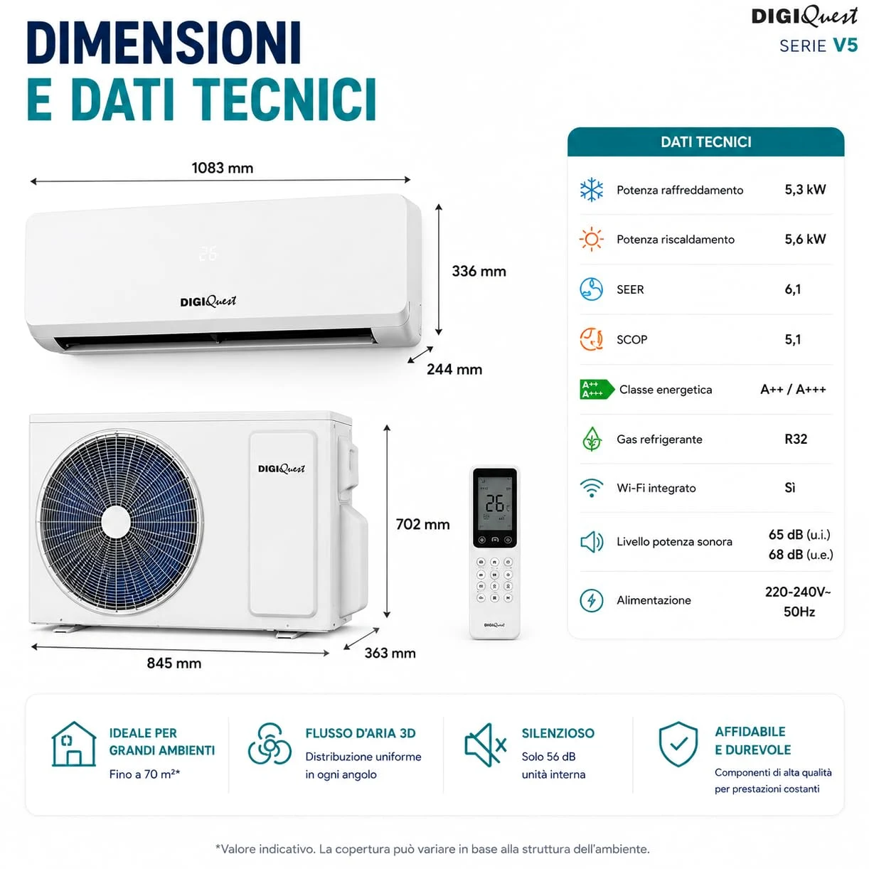 Climatizzatore Digiquest Inverter V5 18000BTU | Wi-Fi integrato | R32 | Classe A++ Raffreddamento/A+++ Riscaldamento | I FEEL | Flusso d’aria 3D | TURBO | Notte | SEER 6,1 | SCOP 5,1 | CLIMA00064