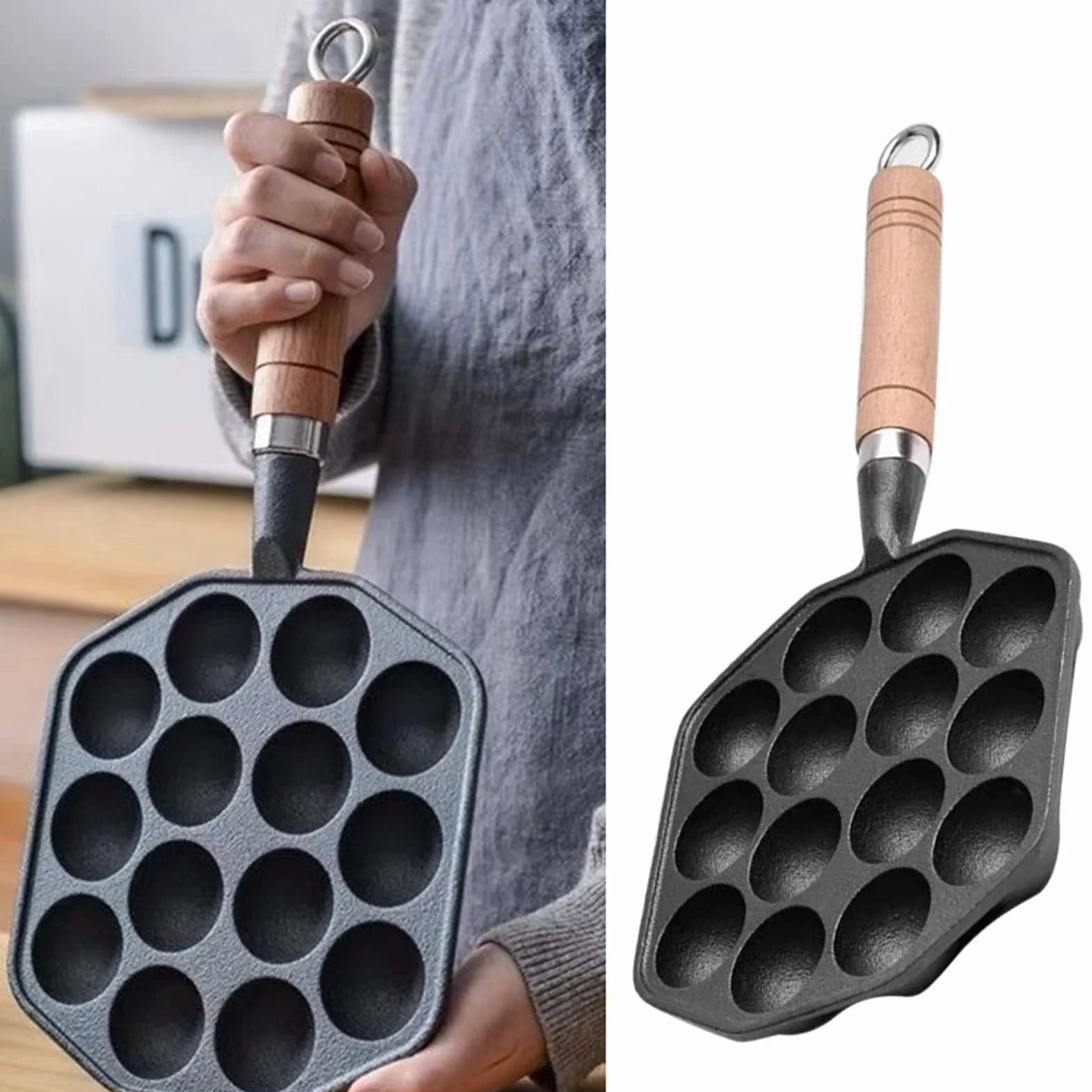 Antiaderente Ghisa Takoyaki Pan 14 Fori con Manico Staccabile