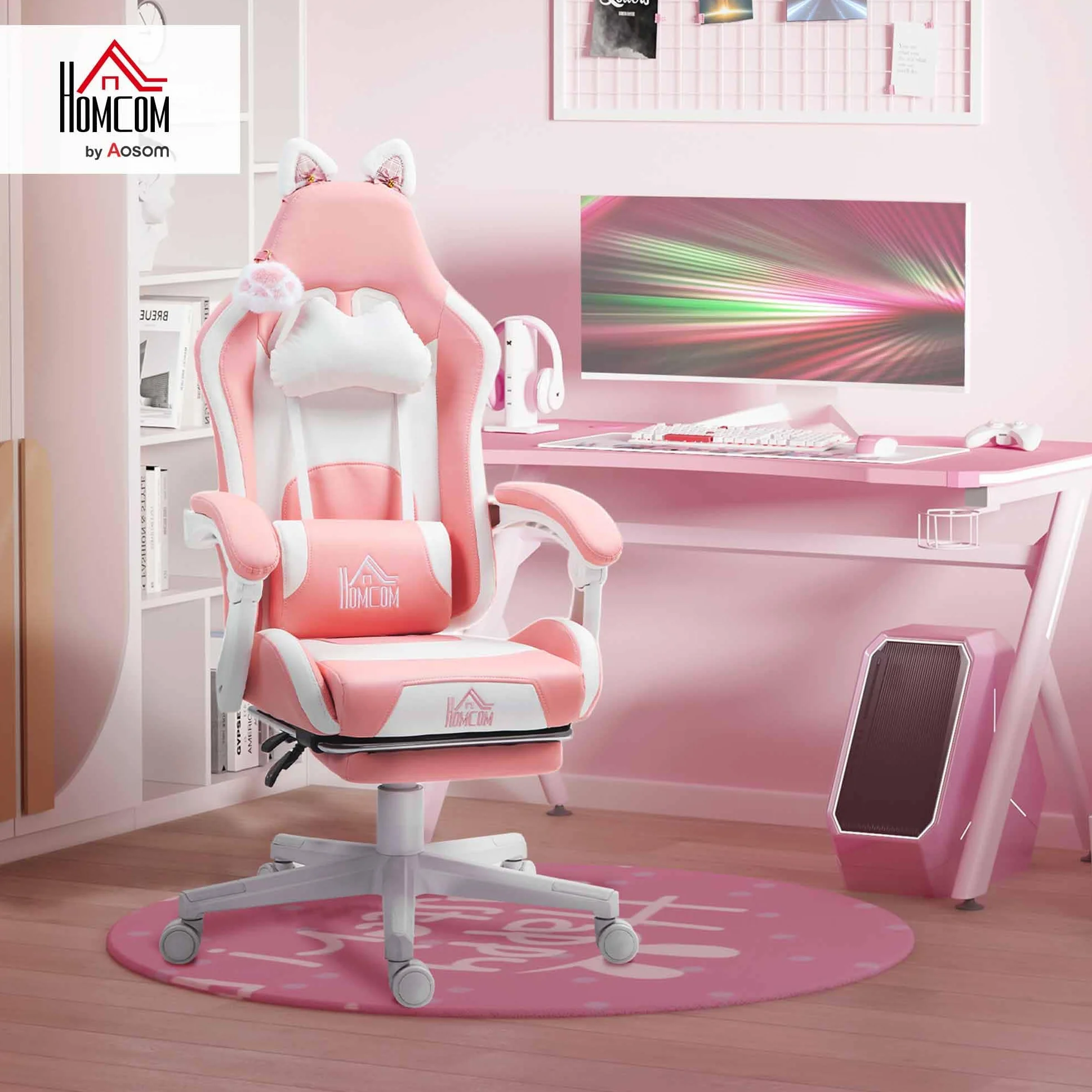 HOMCOM Sedia Gaming Ergonomica con Orecchie da Gatto, Poltrona Gaming Ufficio Reclinabile in Finta Pelle con Poggiapiedi, Poggiatesta e Altezza Regolabile, Supporto Lombare e Cervicale, Rosa