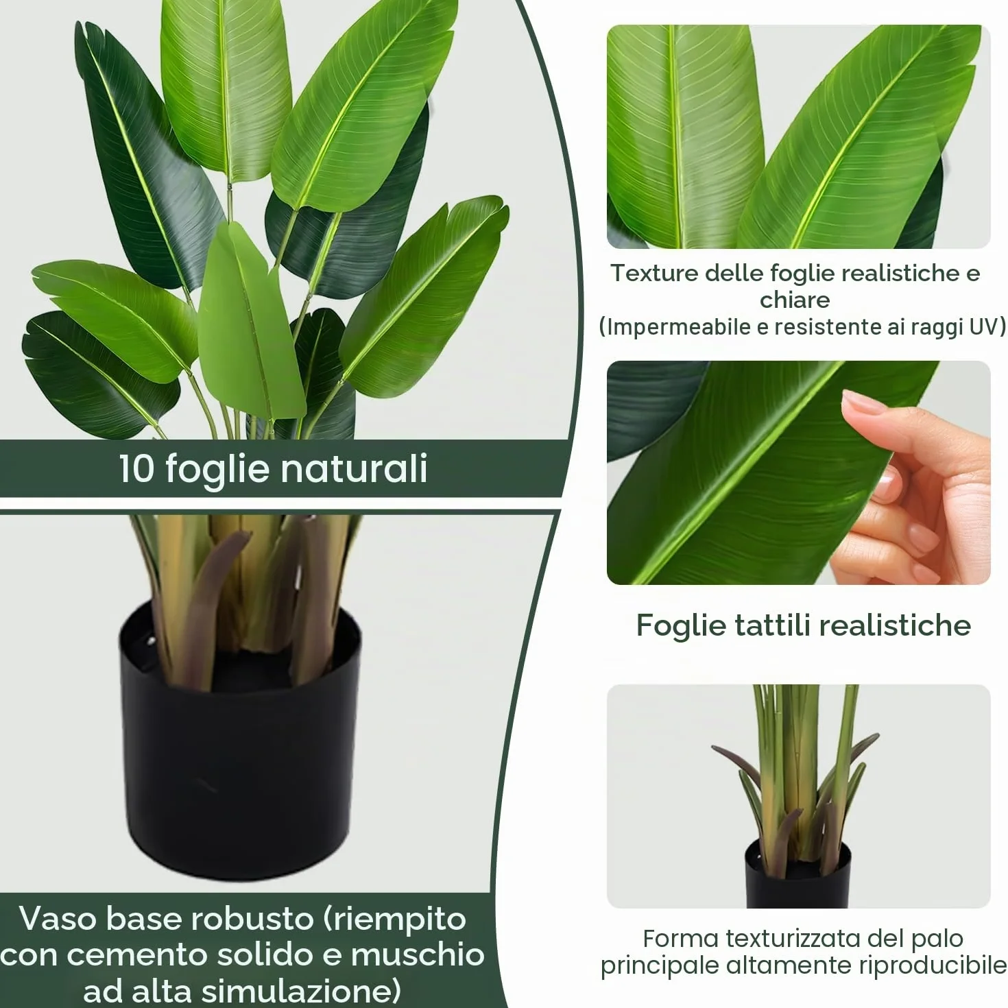 Pianta Artificiale Uccello del Paradiso 160 cm, Palma Tropicale Artificiale con 10 Foglie, Piante Artificiali in Vaso per Decorazione Interni Esterni, Soggiorno, Ufficio, Giardino, Regalo
