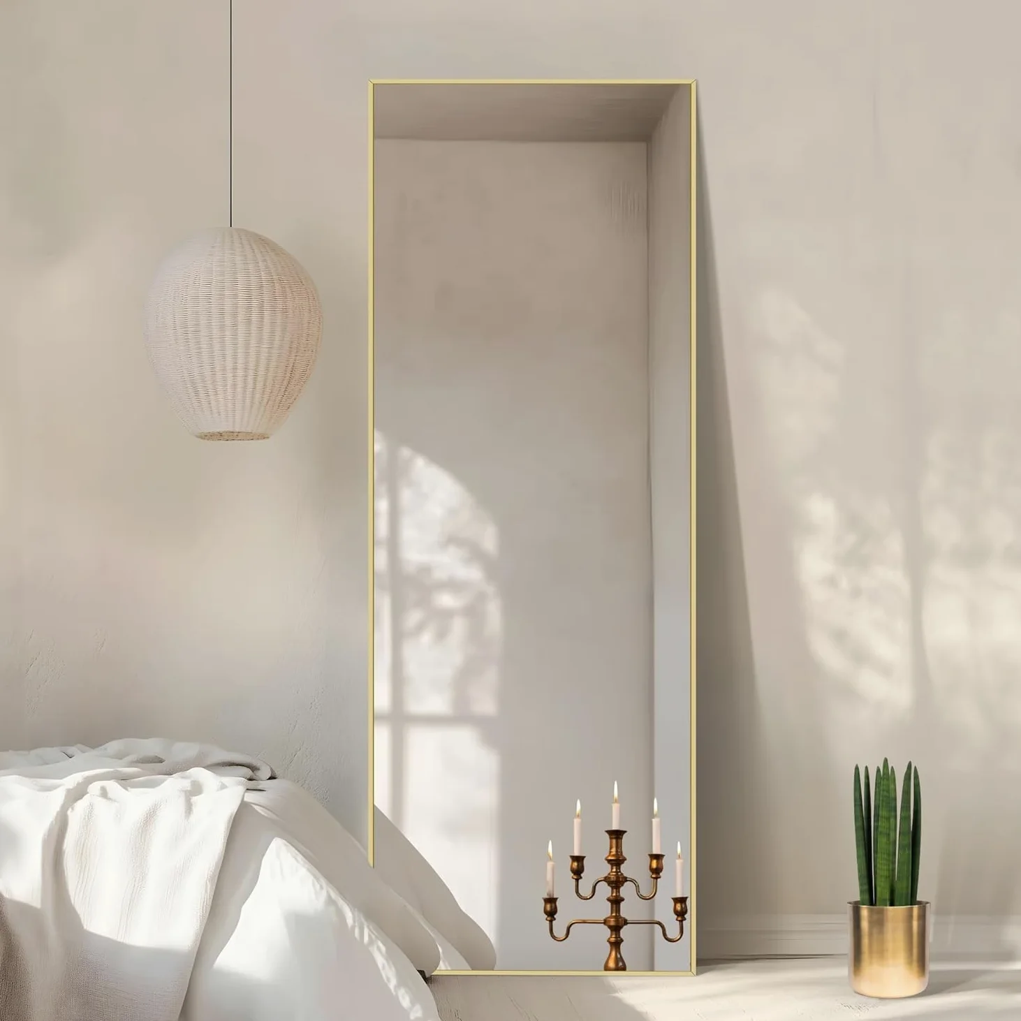 Specchio da Terra, 161 x 52 cm Specchio Rettangolare con Cornice in Alluminio Oro per Bagno, Camera da Letto, Ingresso e Corridoio