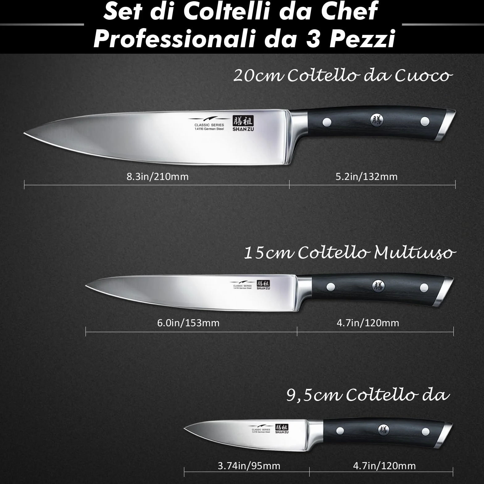 SHAN ZU Set di Coltelli da Cucina 3 Pezzi Acciaio Inox Ultra Affilati 20 cm 15 cm 9,5 cm