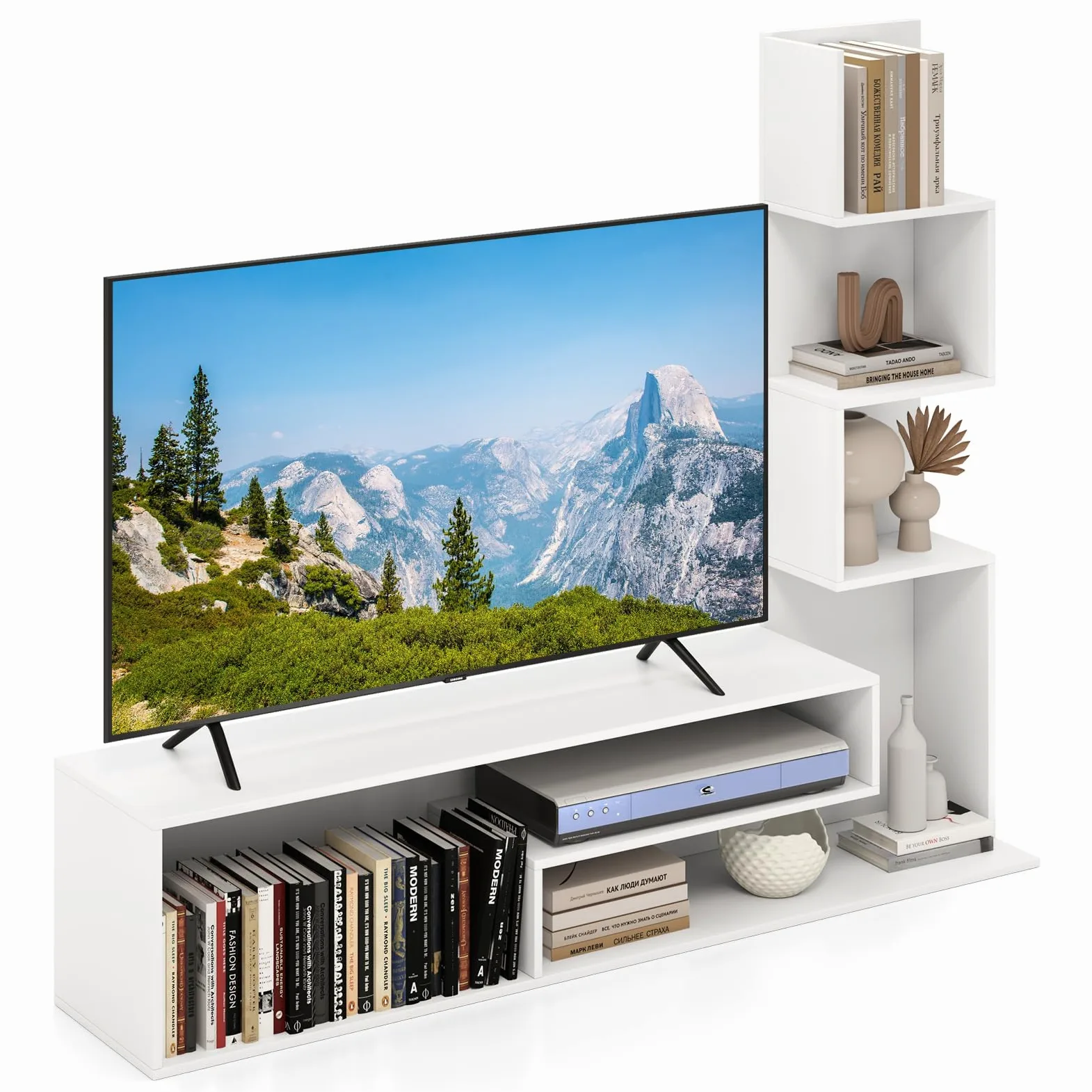 COSTWAY Mobile per TV a Cubi per TV Fino a 50”, Tavolo Console Media con Mensole di Stoccaggio a Forma di L e Scomparti Aperti, Centro di Intrattenimento per Soggiorno, Ingresso (Bianco)