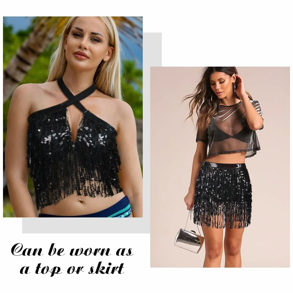 OFFCUP Falda de Danza del Vientre para Mujer, Falda Flecos Mujer Falda Carnaval, Falda con Borlas de Lentejuelas para, Vestido con Falda de Flecos Rave