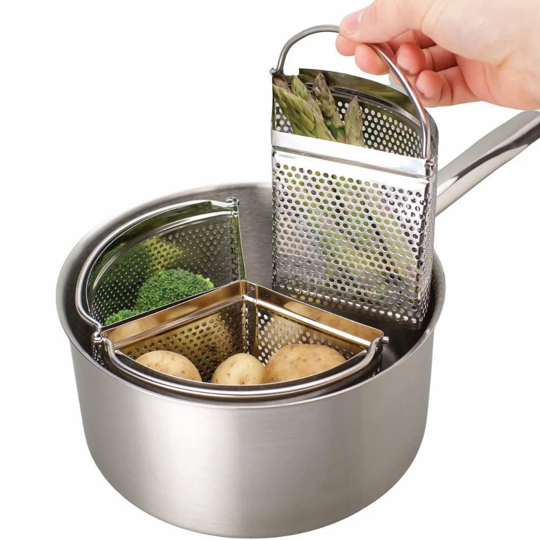 Saucepan Triple Divider And Separator Set - Saves Energy and Space When Cooking. Three Part Professional 18cm Stainless Steel Strainer. Vegetables, Potatoes, Mussels, Boiled Eggs. Pan Not Included.