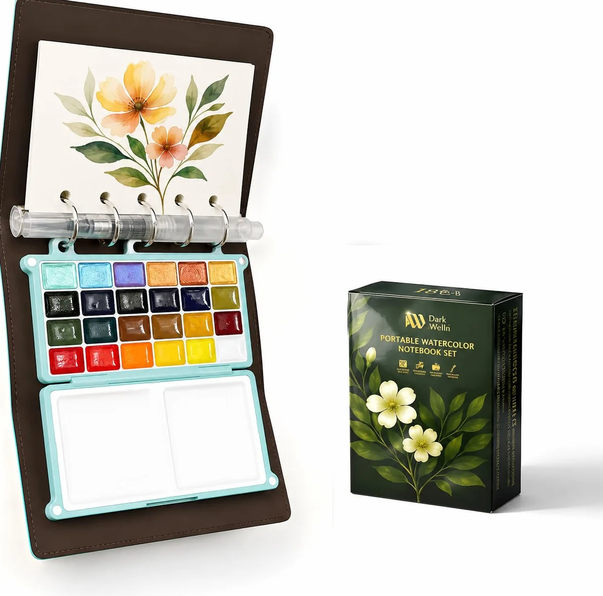 Set di pittura ad acquerello portatile per adulti – Kit da viaggio per acquerelli da 24 colori con taccuino (pagine bianche e nere), pennello e tavolozza ricaricabili, set artistico tutto in uno per