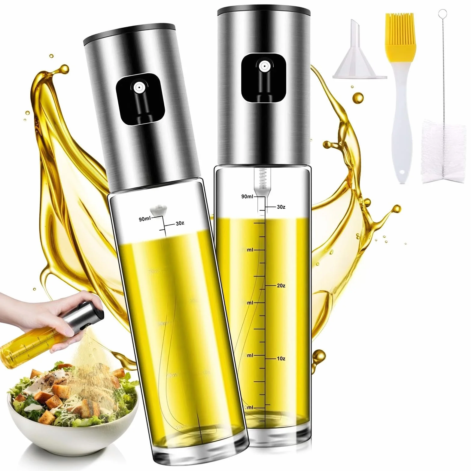 PUWOWYE 100 ML Spruzzino Olio per Friggitrice Aria, 2 Pezzi Oliera Spray in Acciaio Inossidabile Vetro, Spruzzatore Olio per Cucina con Imbuti, per Insalate, Pasta, Grigliare, BBQ