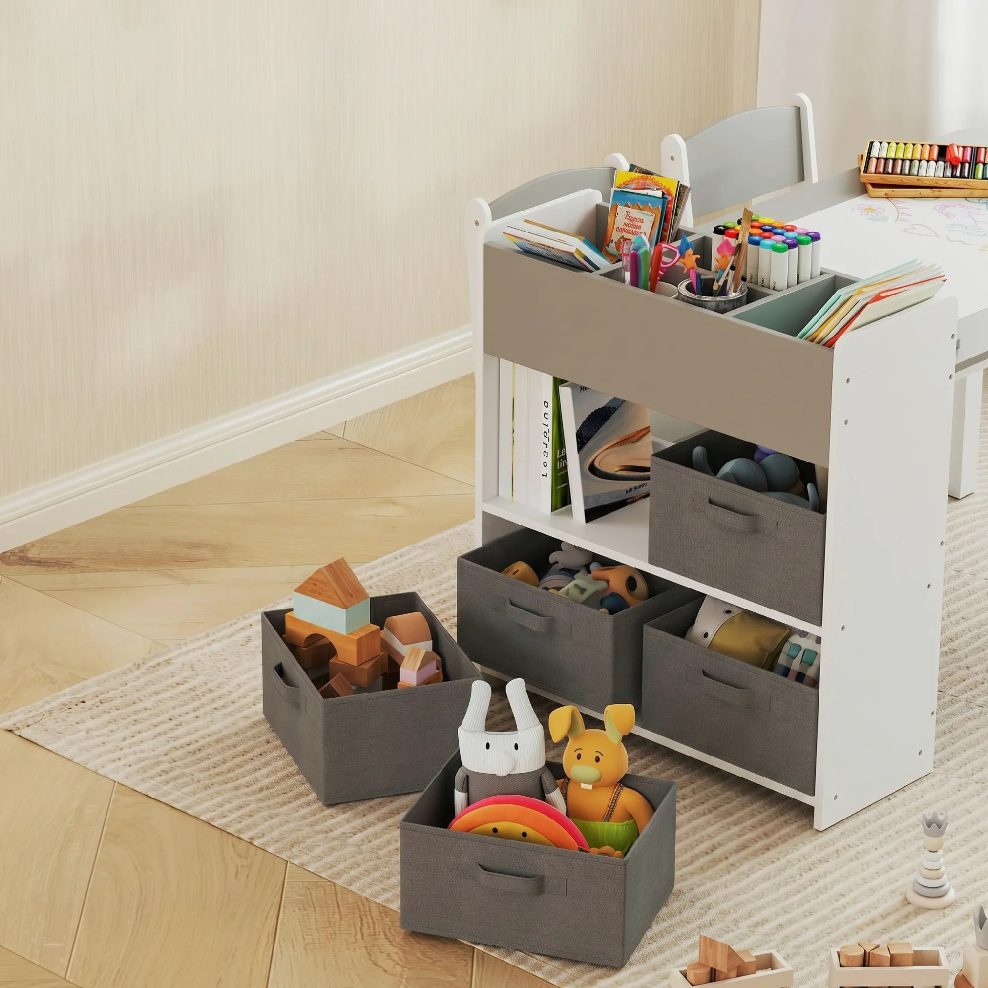 AIYAPLAY Set Tavolo e Sedie per Bambini 3-8 Anni con 2 Sedie e Tavolino con Spazio Contenitore, Mobili per Bambini in Legno di Pino e Tessuto non Tessuto, Bianco e Grigio