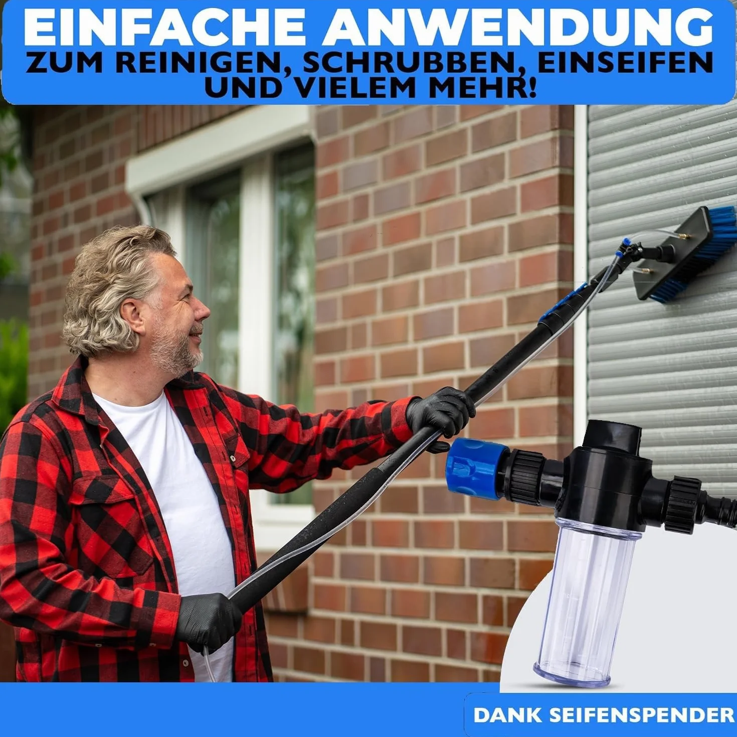 Spazzola telescopica per la pulizia di impianti solari e finestre | nelle versioni da 4,6 metri e 7 metri |+ Allacciamento all'acqua e dispenser di sapone | Asta telescopica | Fotovoltaico | Veranda