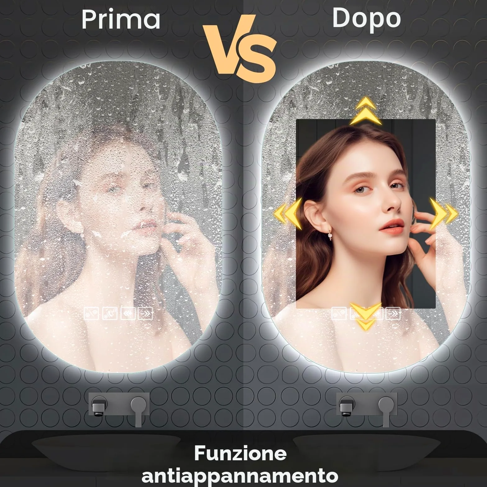 Specchio Bagno con Luce, 75x50cm, Specchio Smart con Antiappannamento, Memoria e Dimmerabile, Bluetooth per Musica, Tasto a Sè, Installazione Orizzontale o Verticale