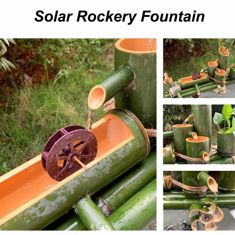 Kit fai da te per pompa solare dell'acqua, fontana zen in bambù, fontana decorativa per il paesaggio, flusso d'acqua multidirezionale per prato, giardino, cortile(70CM)