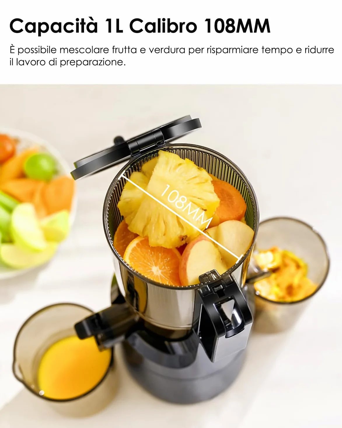 Fretta Estrattore frutta e verdura, apertura 108MM e capacità di 1L estrattore di succo, 200W centrifuga Lenta, 99% nutrienti preservati, senza BPA, facile da smontare e pulire