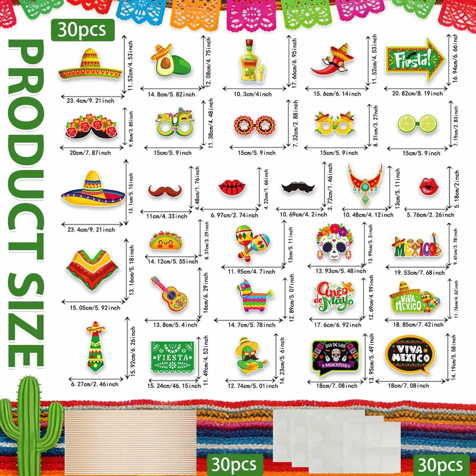 Set Decorazioni per Festa Messicana - 30 Pezzi di Accessori Fotografici Divertenti, Sombrero, Peperoncini, Labbra, Cactus, Occhiali e Molto Altro - Perfetto per Party a Tema Messicano e Carn
