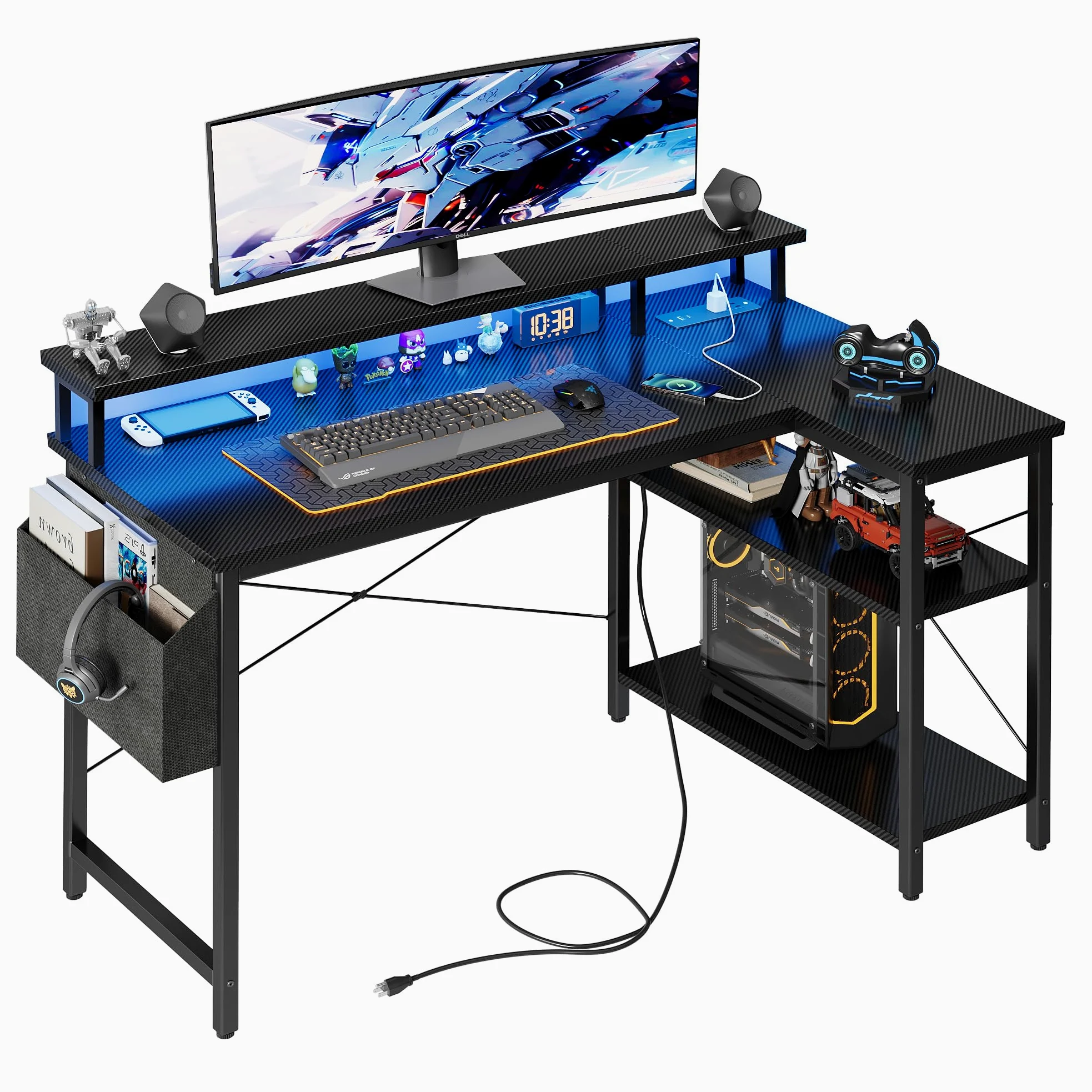 Grandder Scrivania ad Angolo Reversibile 120x70cm, Tavolino Computer a Forma L Ripiani Portaoggetti e Struttura in Acciaio, per Gaming, Computer, Ufficio, Studio e Casa, Nero