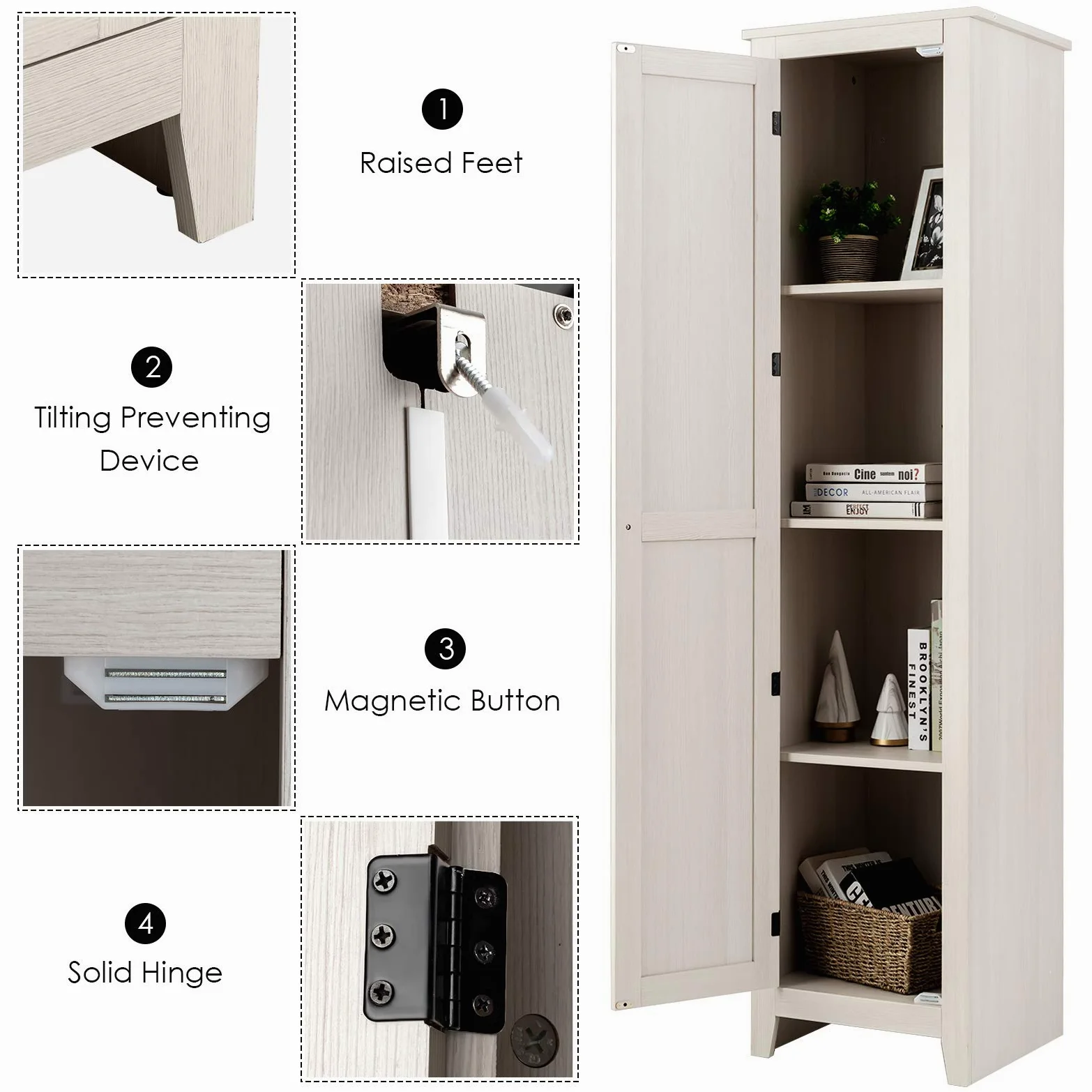 GIANTEX Armadietto alto da 183 cm, armadio stretto per bagno con 1 porta e 4 ripiani, armadio per la conservazione per cucina, soggiorno e bagno, armadio da cucina indipendente (Bianco)