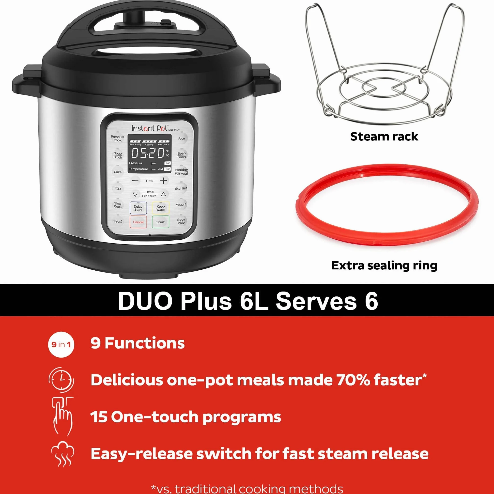 Instant Pot Pentola a pressione elettrica DUO PLUS 5.7L in Acciaio inossidabile 15 programmi intelligenti, per riso, cottura lenta e a vapore