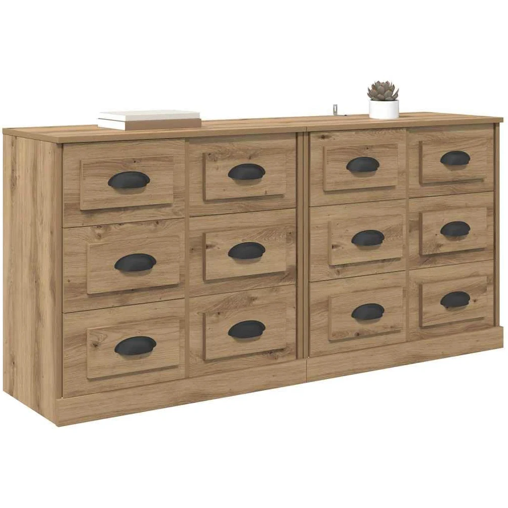 Set di 2 credenze in rovere Artisan, 70 x 35,5 x 67,5 cm, con cassetto, moderno, per soggiorno, spazio e ordine in sala da pranzo, corridoio, camera da letto