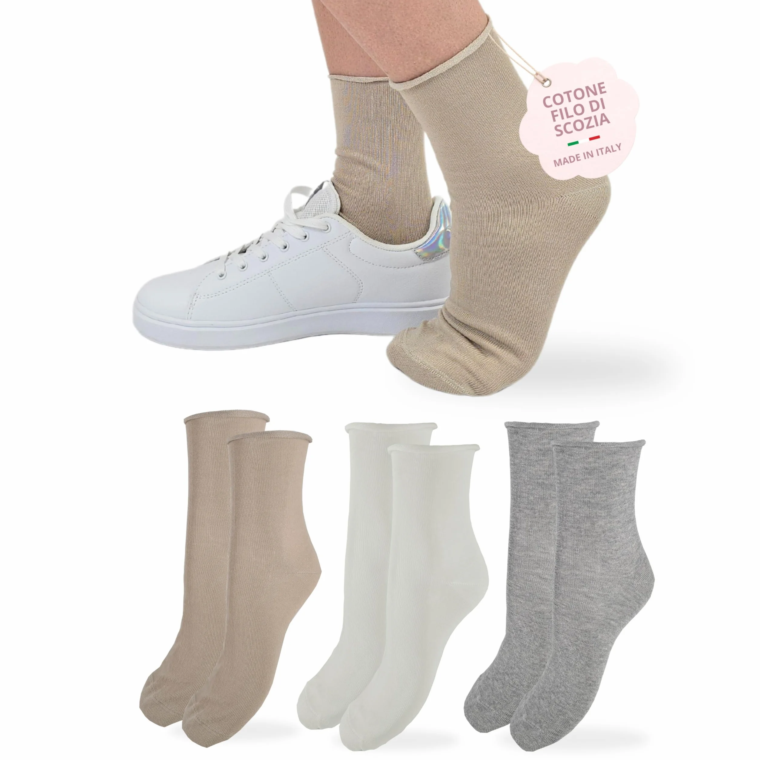 LEON D'ORO Calzini SENZA ELASTICO Donna COTONE LEGGERO Calze Donna FILO DI SCOZIA Made in Italy