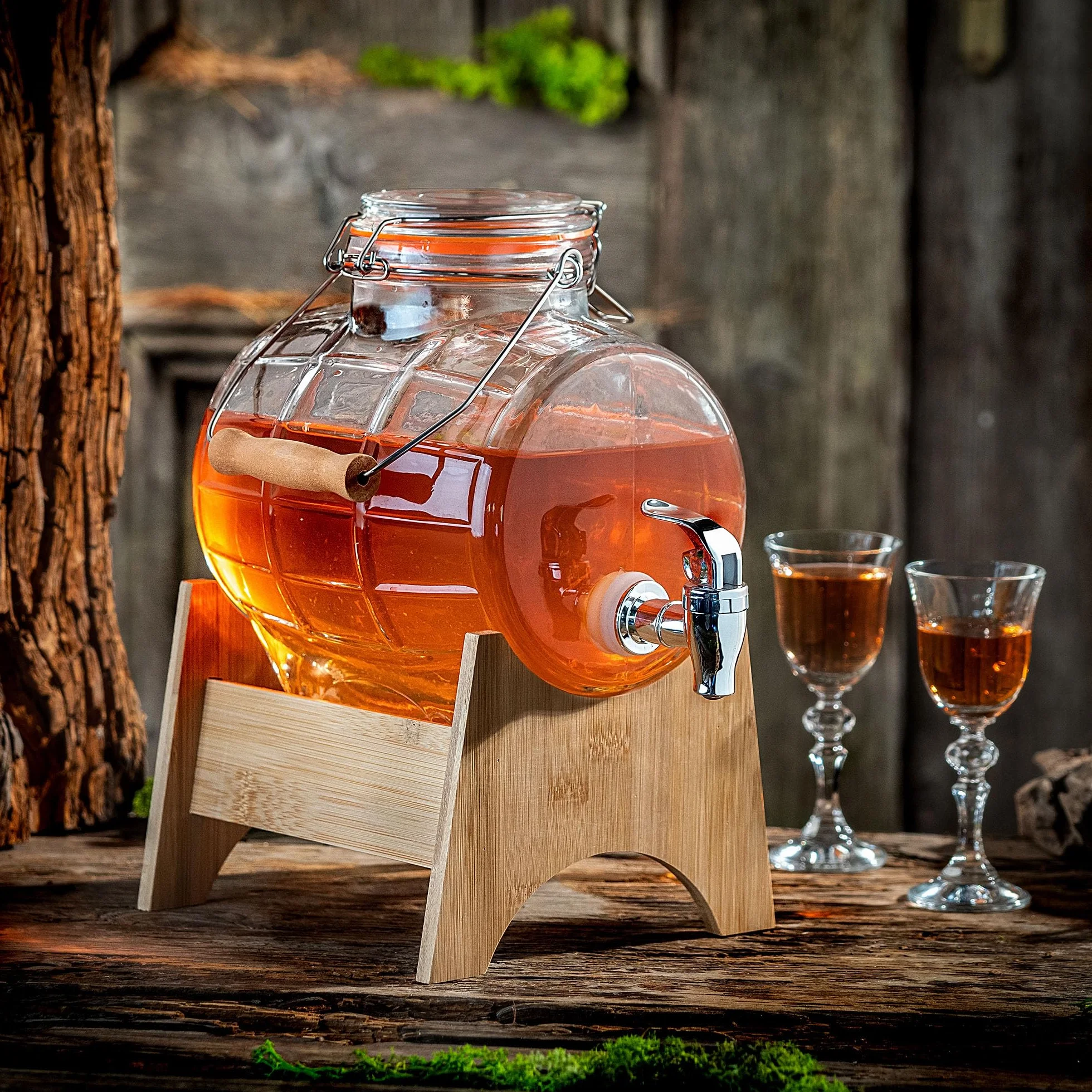 KADAX Barile con Rubinetto, Dispenser per Bevande in Vetro trasparente con Base in Legno (3 l)