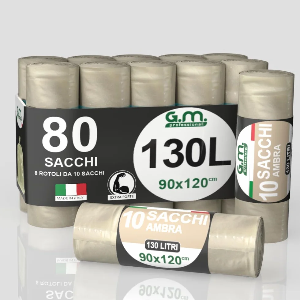 GM 80 Sacchi Ambra Trasparenti Grandi Resistenti misura 90x120 cm in Plastica HDPE, 130 litri, Sacchetti indifferenziata, Buste spazzatura, Bustoni immondizia condominiali, 8 Rotoli da 10 Buste