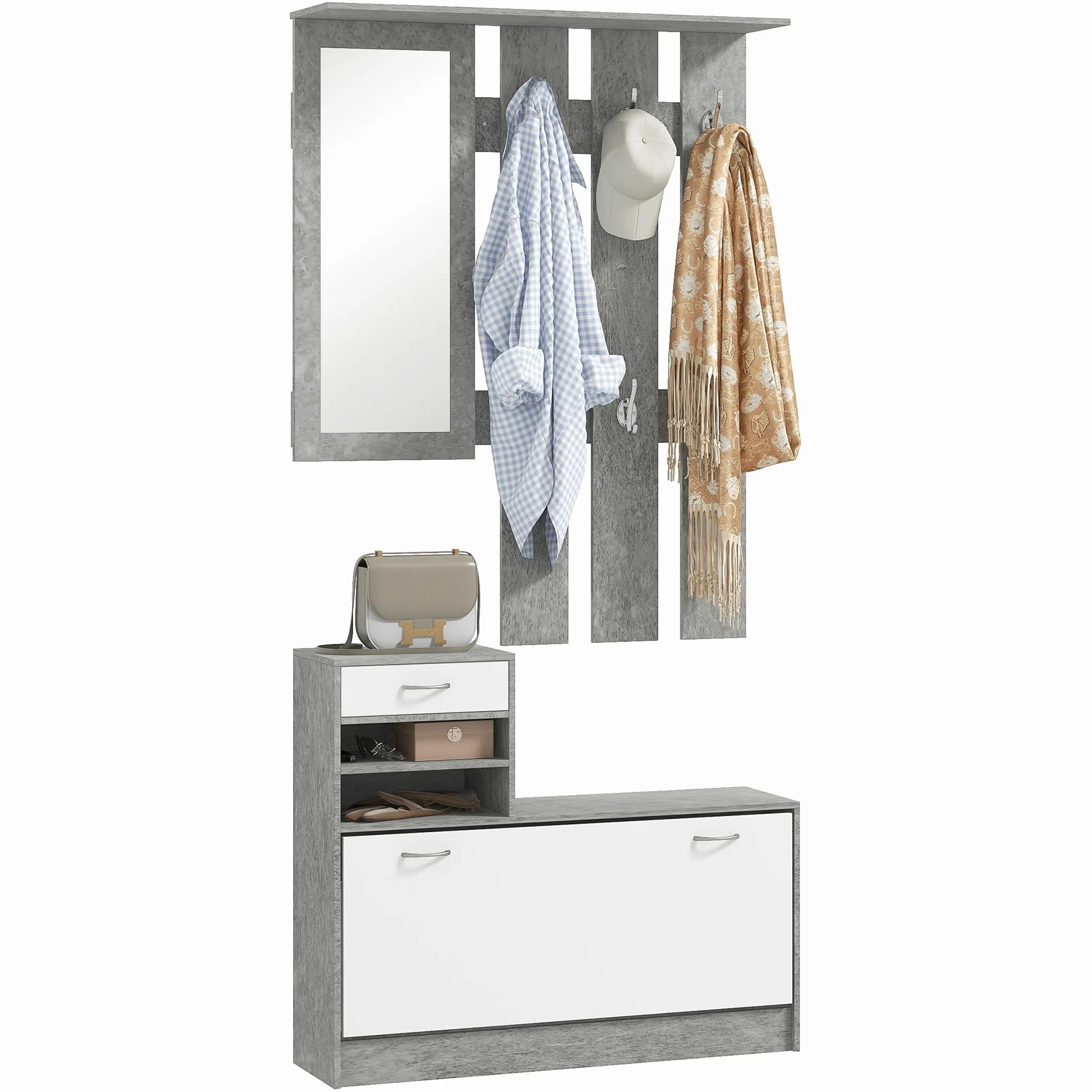 HOMCOM Set Mobili Ingresso Moderno con Scarpiera e Specchio, Appendiabiti da Ingresso con 6 Ganci, 2 Ripiani Regolabili e Cassetti in Legno per Corridoio, Bianco e Grigio Chiaro