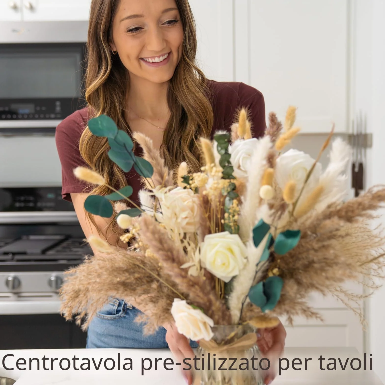 100 composizioni floreali artificiali con vaso, erba della pampa con vaso incluso per tavolo da pranzo centrotavola, centrotavola floreale, decorazione per tavolino da caffè, fiori finti natalizi in