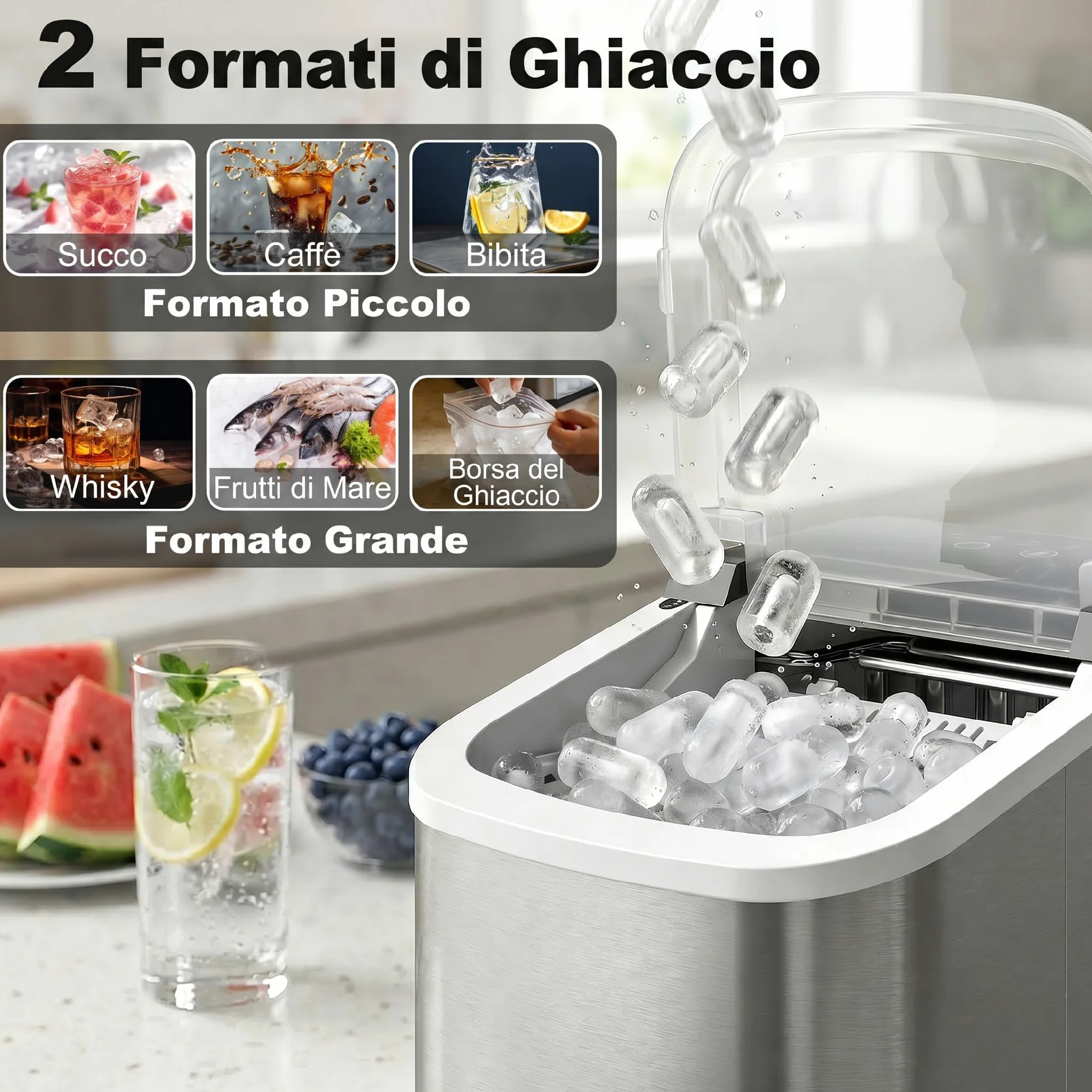 HOMCOM Macchina Ghiaccio 12kg/24h, Autopulente Macchina del Ghiaccio 9 Cubetti in 7-10Minuti, Acciaio Inox, 2 Dimensioni, Serbatoio 1.2L, Portatile, Silenzioso, Cestello Paletta, Casa Ufficio, Argento