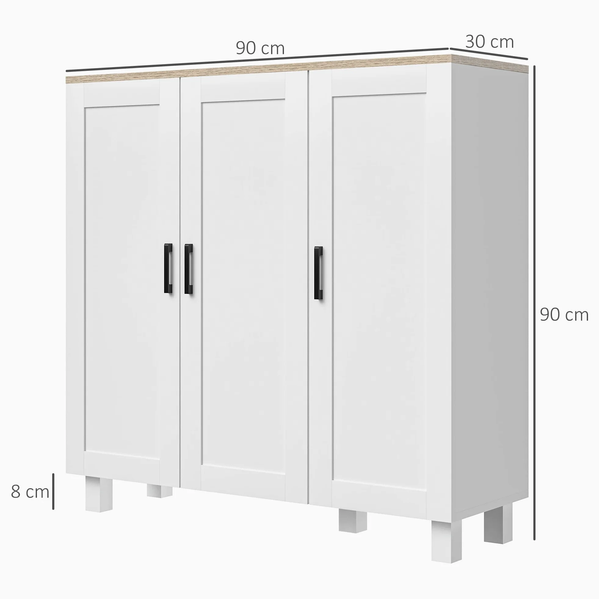 HOMCOM Credenza Cucina in Legno, Mobile Cucina a 3 Ante, Ripiani Regolabili, Stile Scandinavo, Credenza Buffet per Soggiorno, Salotto, Sala da Pranzo, 90x30x90cm, Bianco