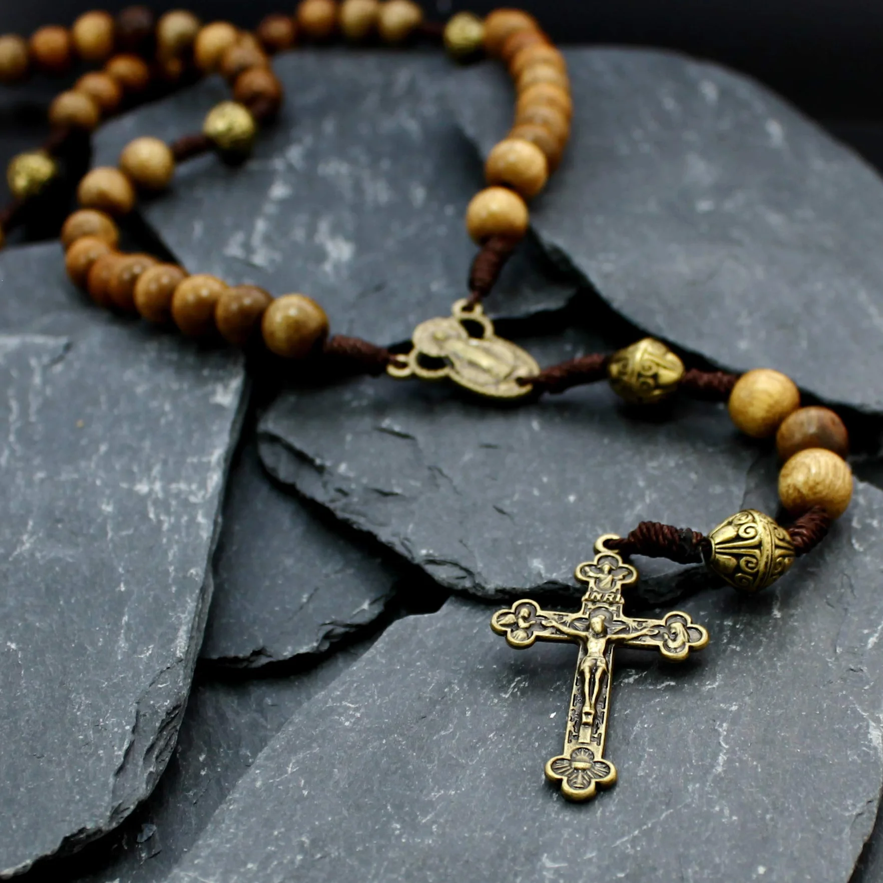 Alexander Castle - Collana Rosario in Legno Marrone, Argento, Unisex Adulti