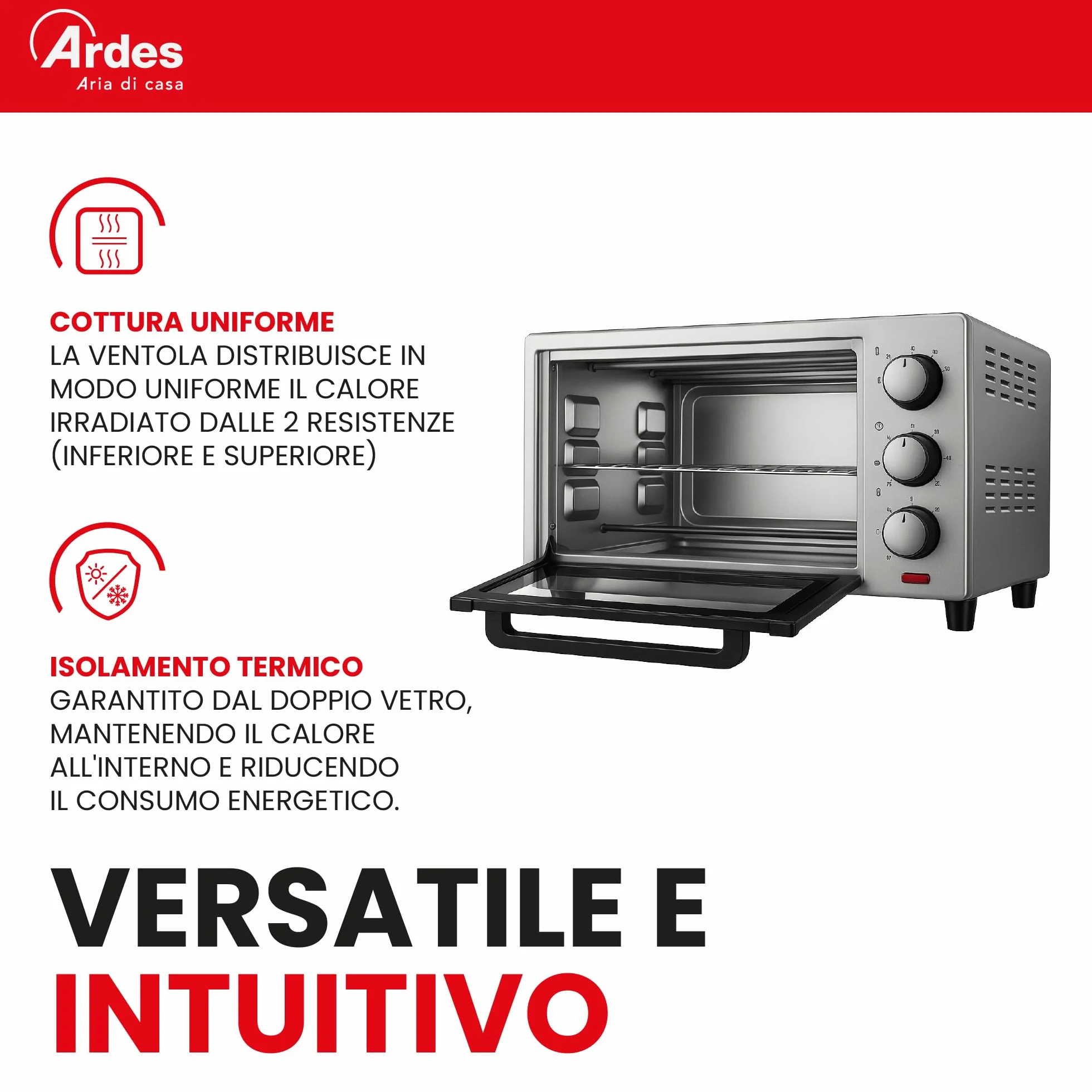 ARDES AR6226S Fornetto Elettrico Ventilato 25 Litri Luce Interna 6 Funzioni Cottura Timer 60' Doppio Vetro Silver